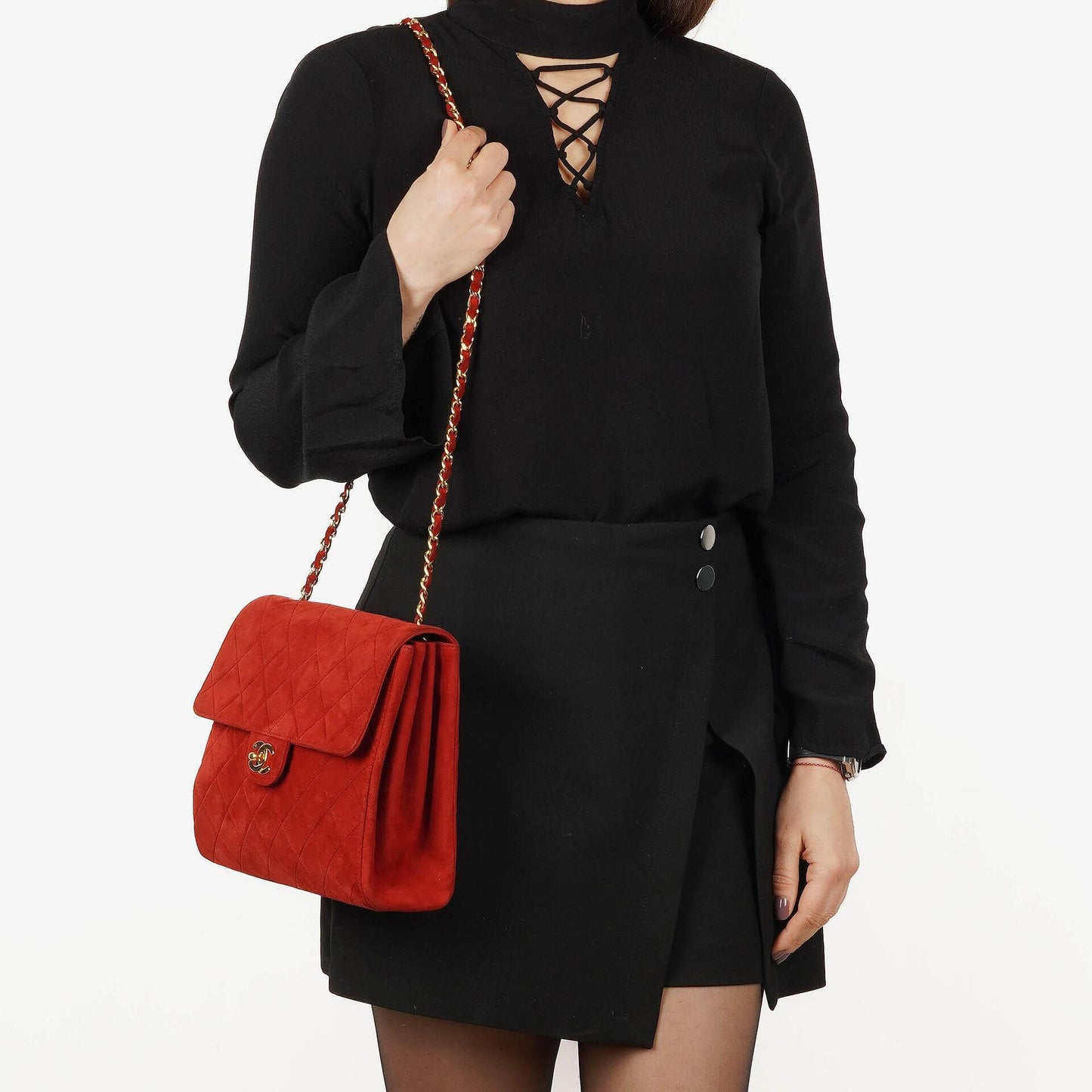 Chanel Single Flap Bag In Red Quilted Suede With 24K Gold-Plated Hardware