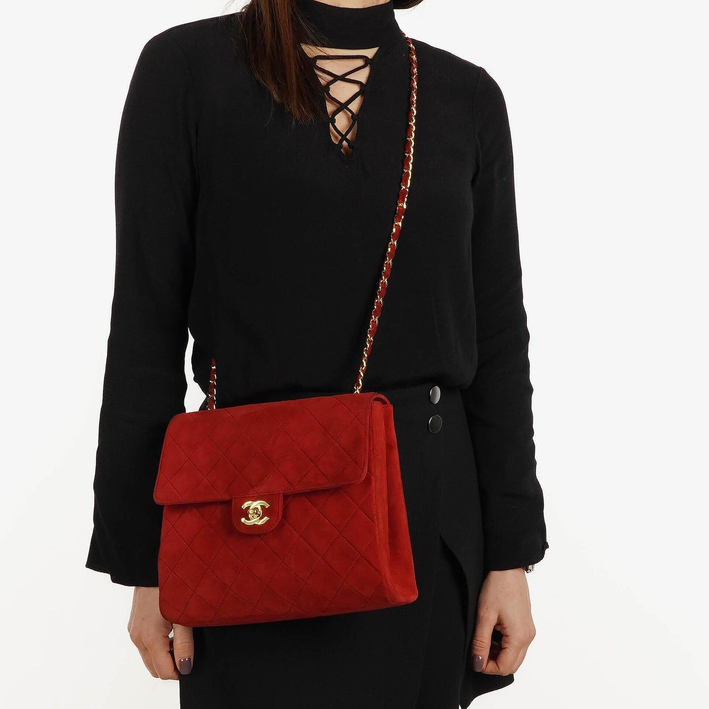 Chanel Single Flap Bag In Red Quilted Suede With 24K Gold-Plated Hardware