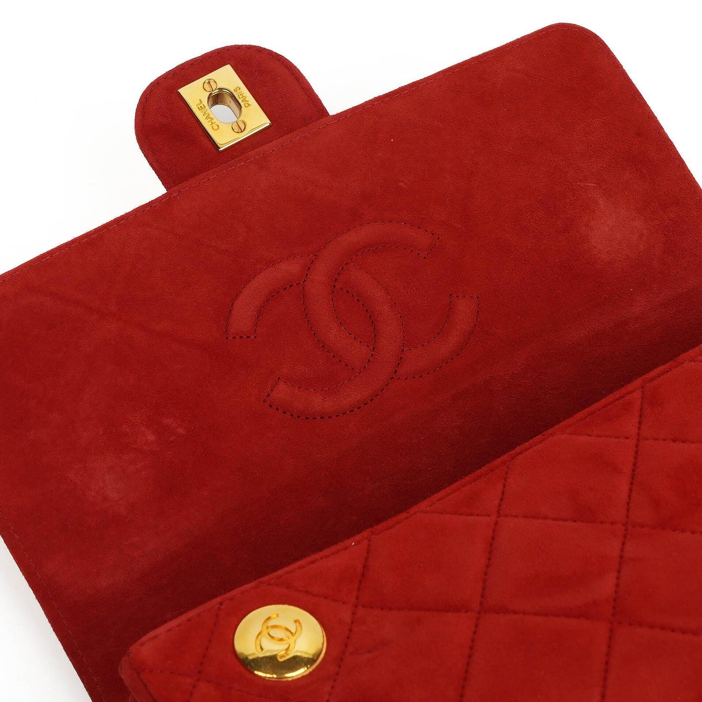 Chanel Single Flap Bag In Red Quilted Suede With 24K Gold-Plated Hardware