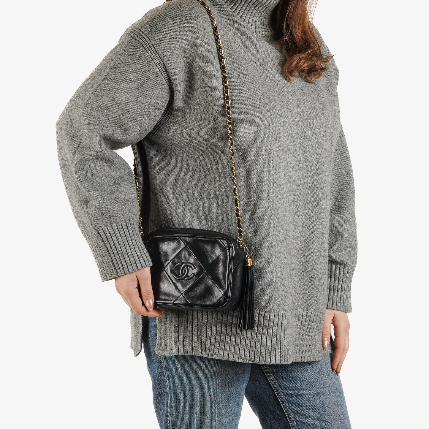 Chanel Small Camera Tassel Black Leather Crossbody Bag