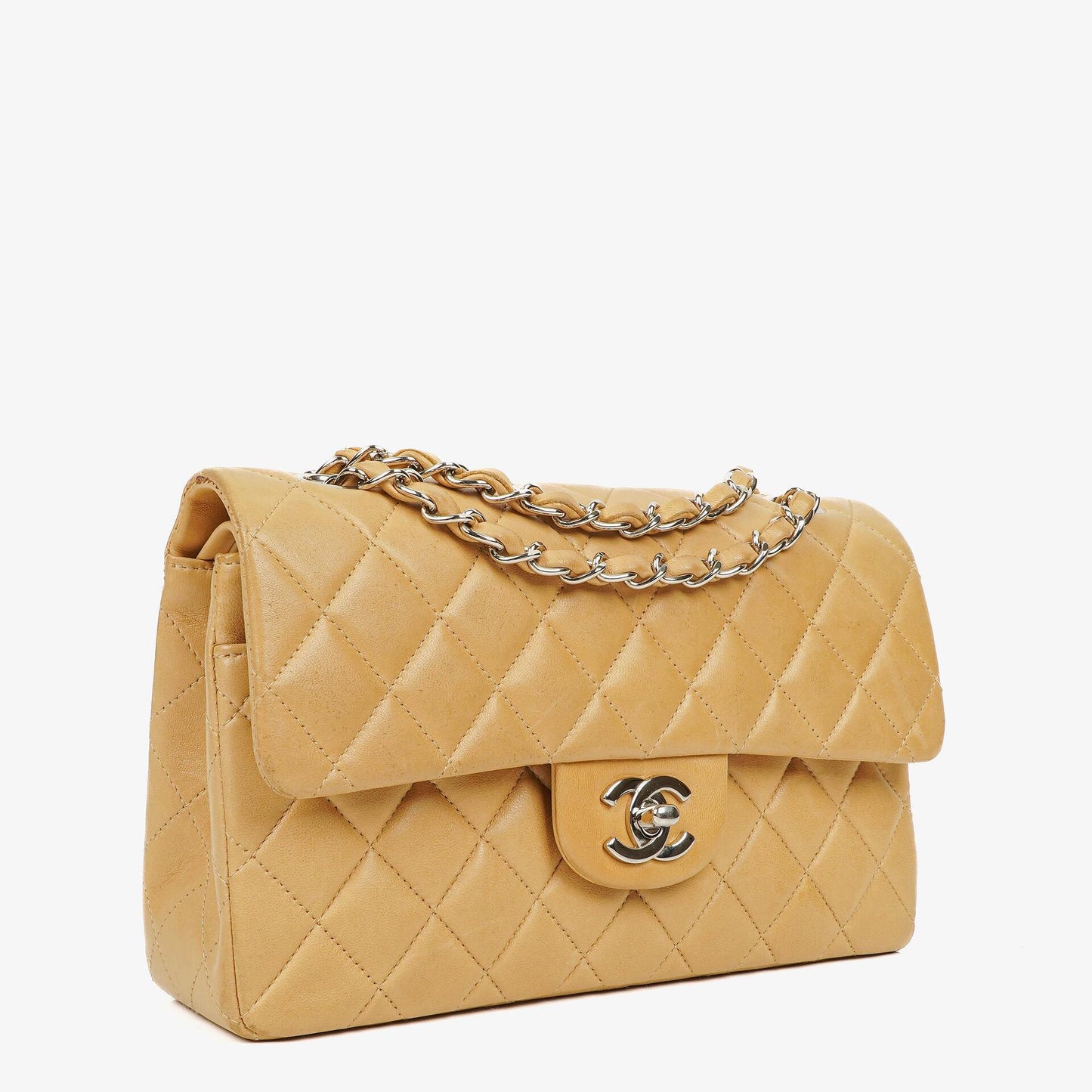Chanel Small Clasic Double Flap Beige Quilted Lambskin With Silver-tone Hardware
