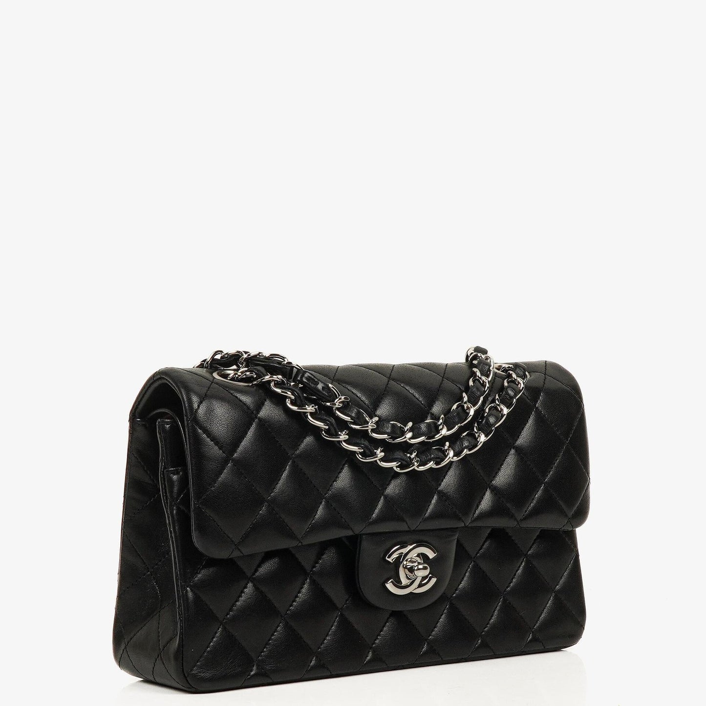 Chanel Small Classic Black Quilted Lambskin Double Flap Bag With Silver-Tone Hardware