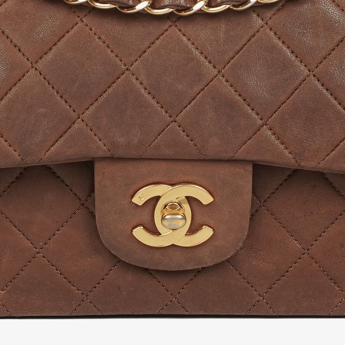 Chanel Small Classic Brown Quilted Lambskin Double Flap Bag With 24K Gold-Plated Hardware