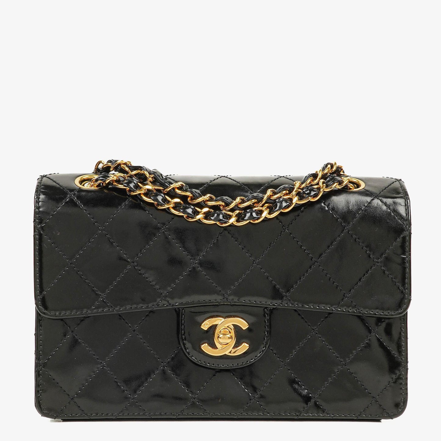 Chanel Small Classic Single Flap Bag Black Patent Quilted Leather With 24K Gold-Plated Hardware