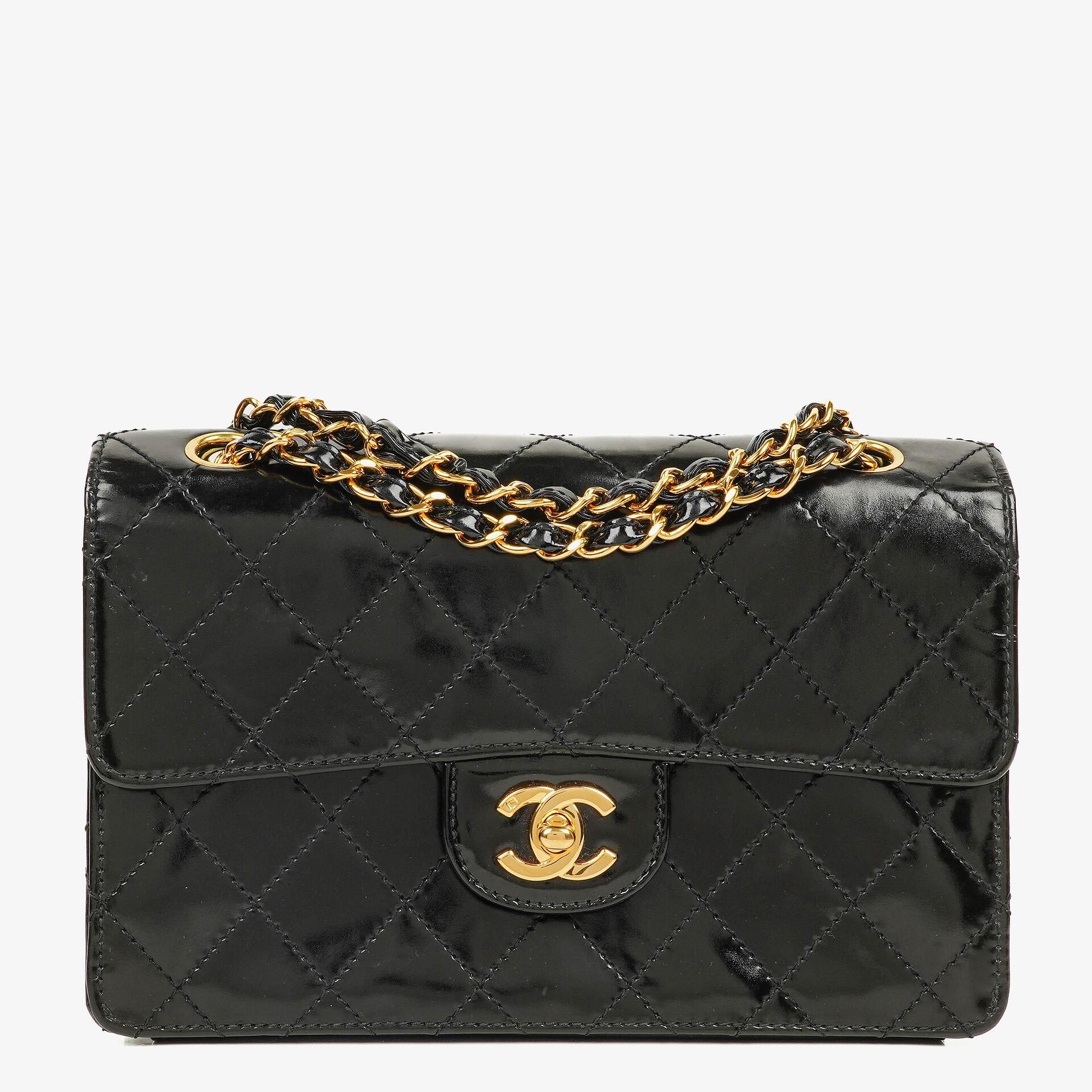 Chanel Small Classic Single Flap Bag Black Patent Quilted Leather With 24K Gold-Plated Hardware