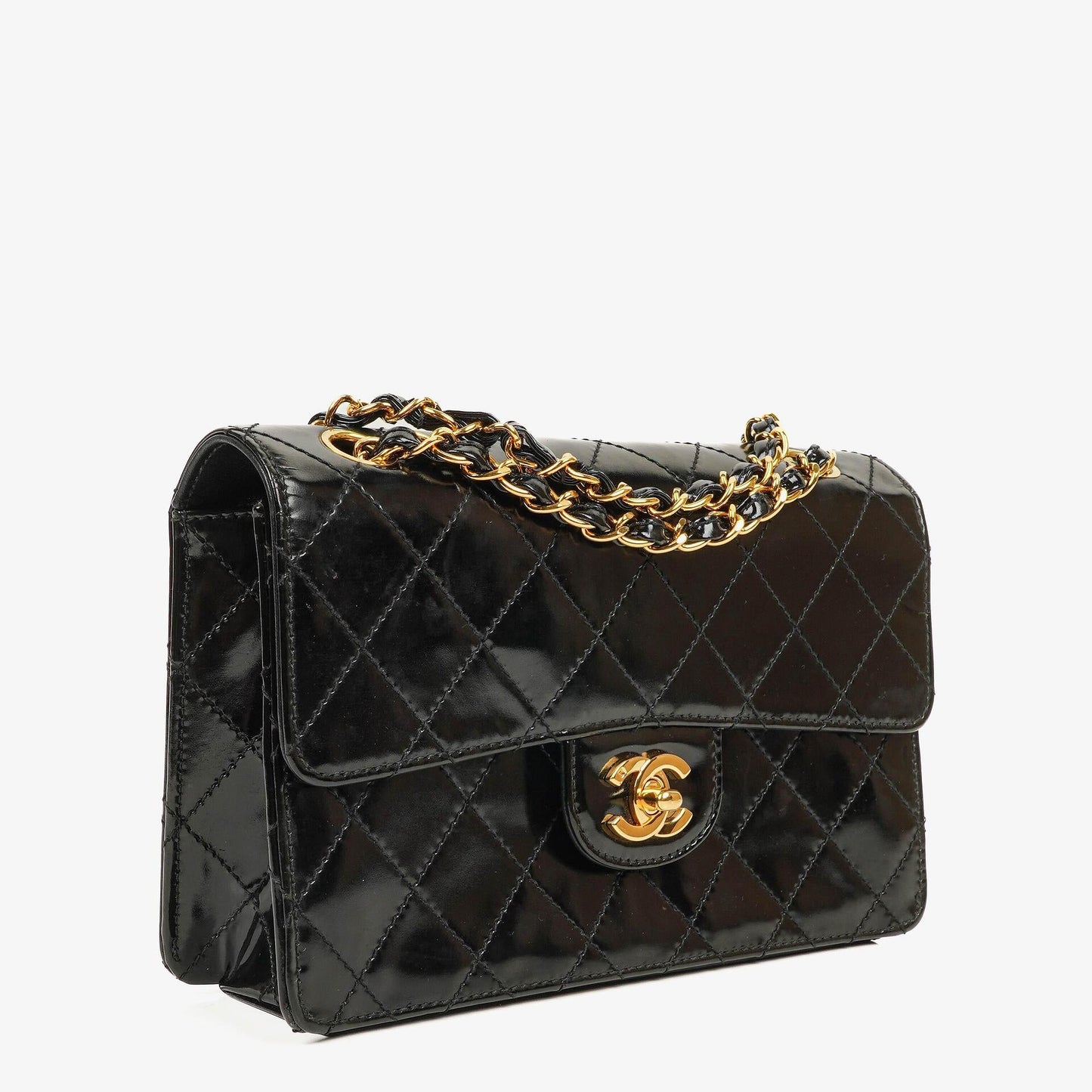 Chanel Small Classic Single Flap Bag Black Patent Quilted Leather With 24K Gold-Plated Hardware