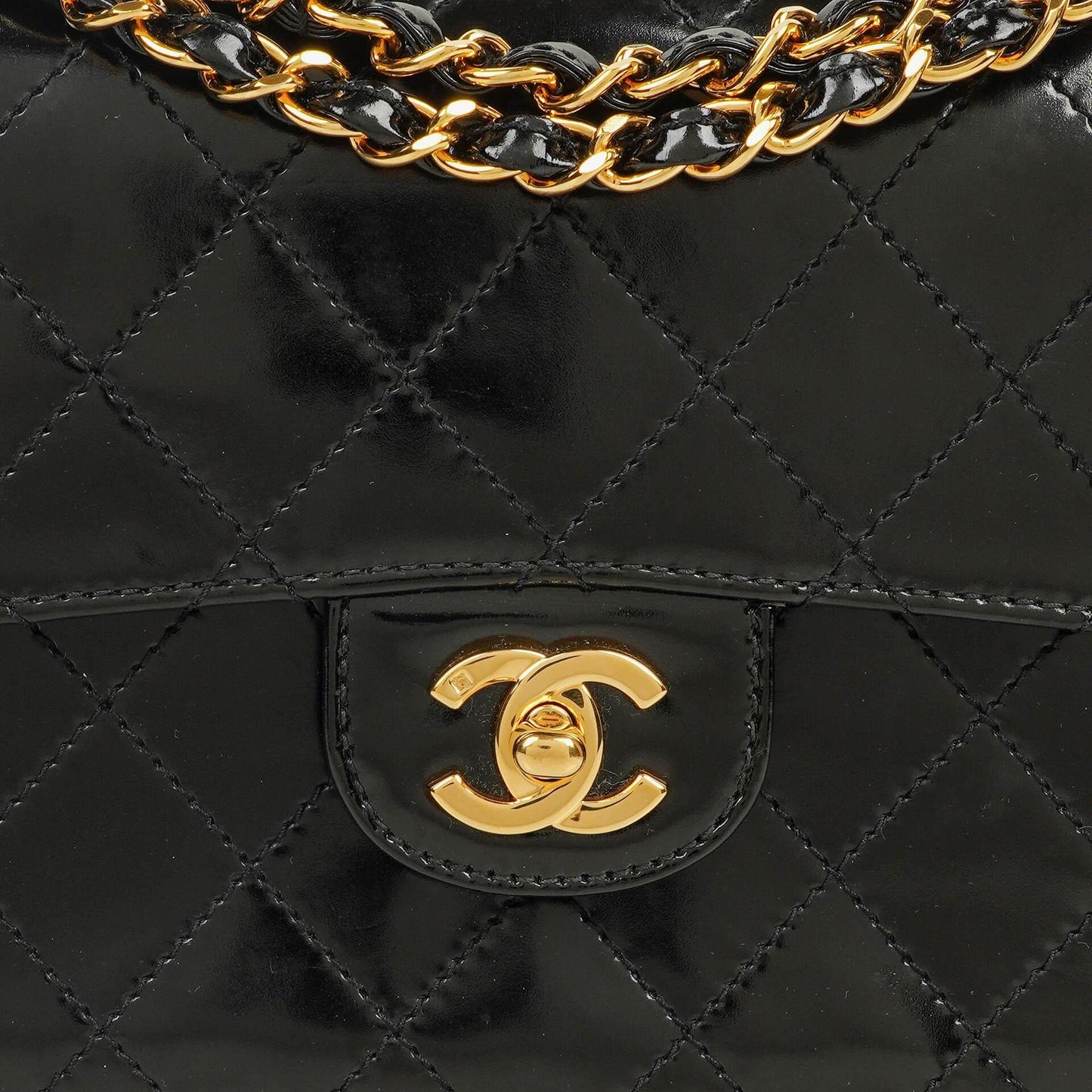 Chanel Small Classic Single Flap Bag Black Patent Quilted Leather With 24K Gold-Plated Hardware