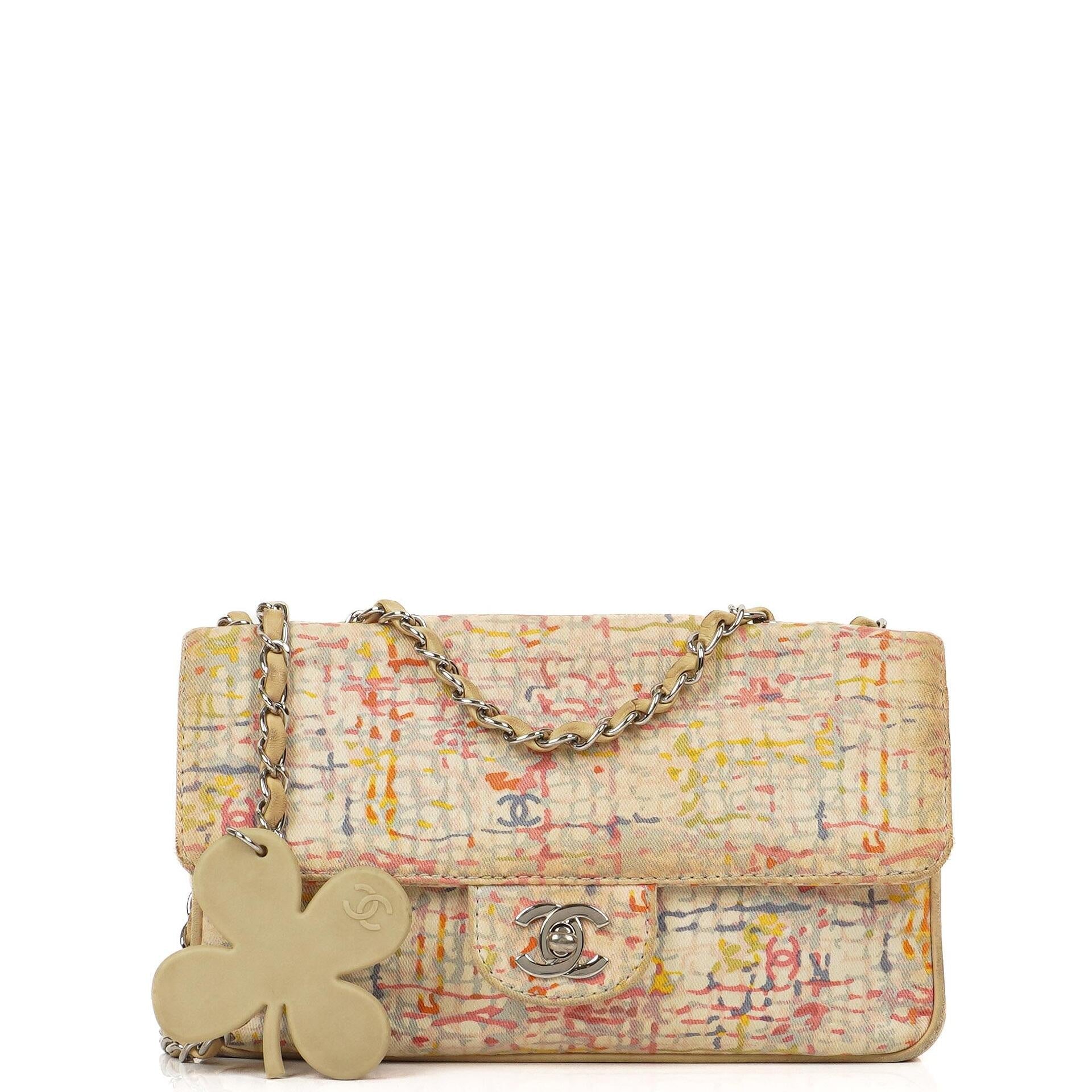 Chanel Small Classic Watercolor Clover Single Flap Bag Printed Canvas With Silver-Tone Hardware