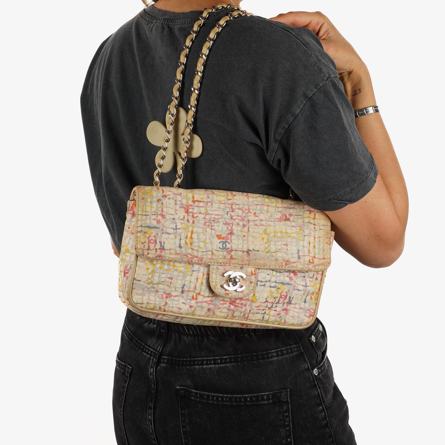 Chanel Small Classic Watercolor Clover Single Flap Bag Printed Canvas With Silver-Tone Hardware