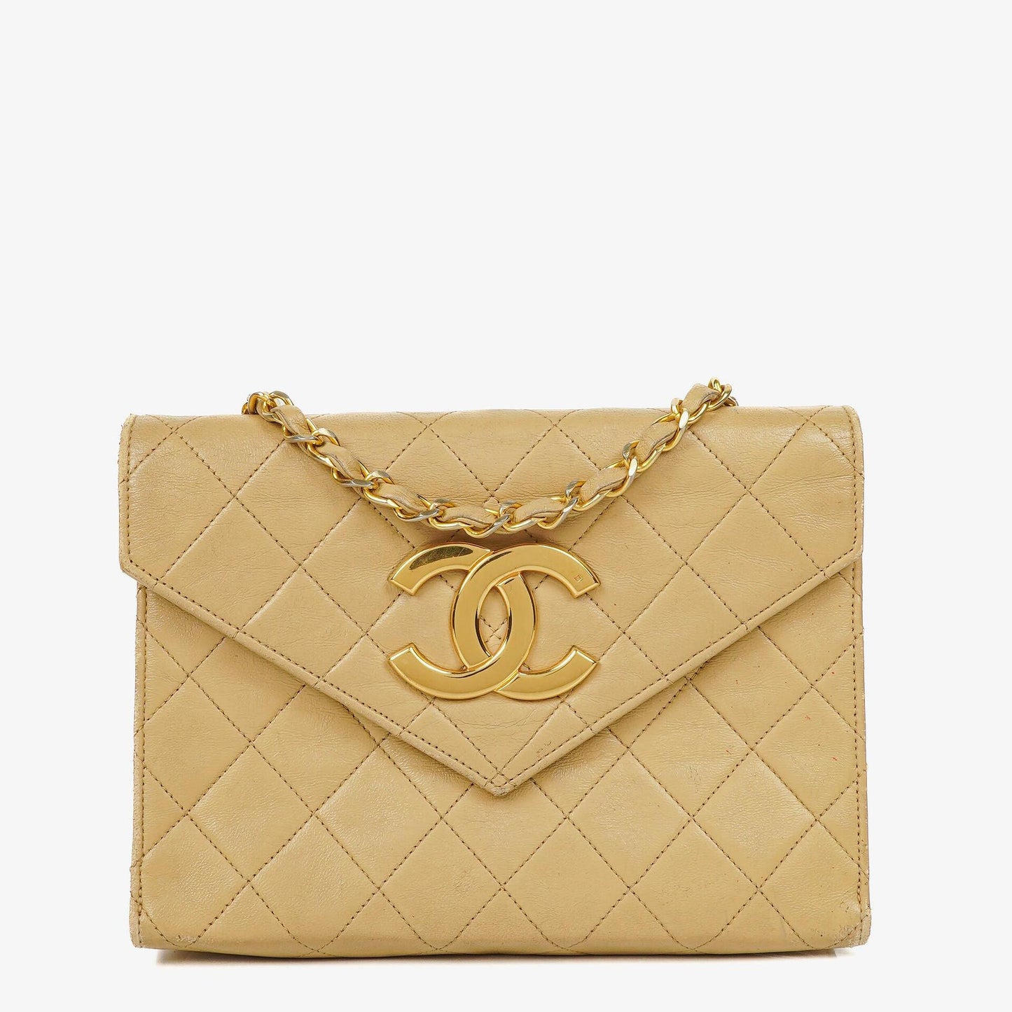 Chanel Small Envelope Maxi CC Logo Flap Bag Beige Quilted Lambskin With 24K Gold-Plated Hardware