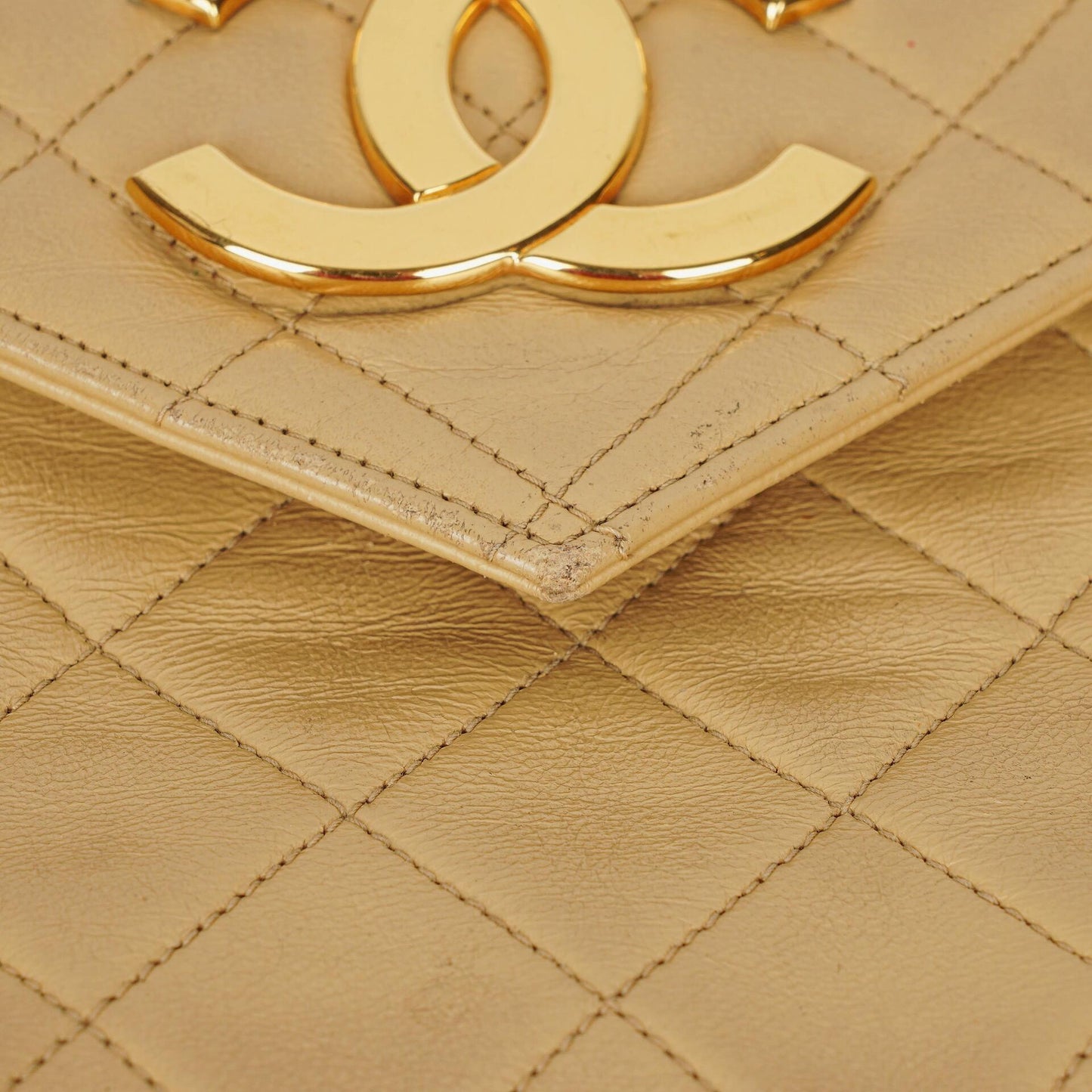 Chanel Small Envelope Maxi CC Logo Flap Bag Beige Quilted Lambskin With 24K Gold-Plated Hardware