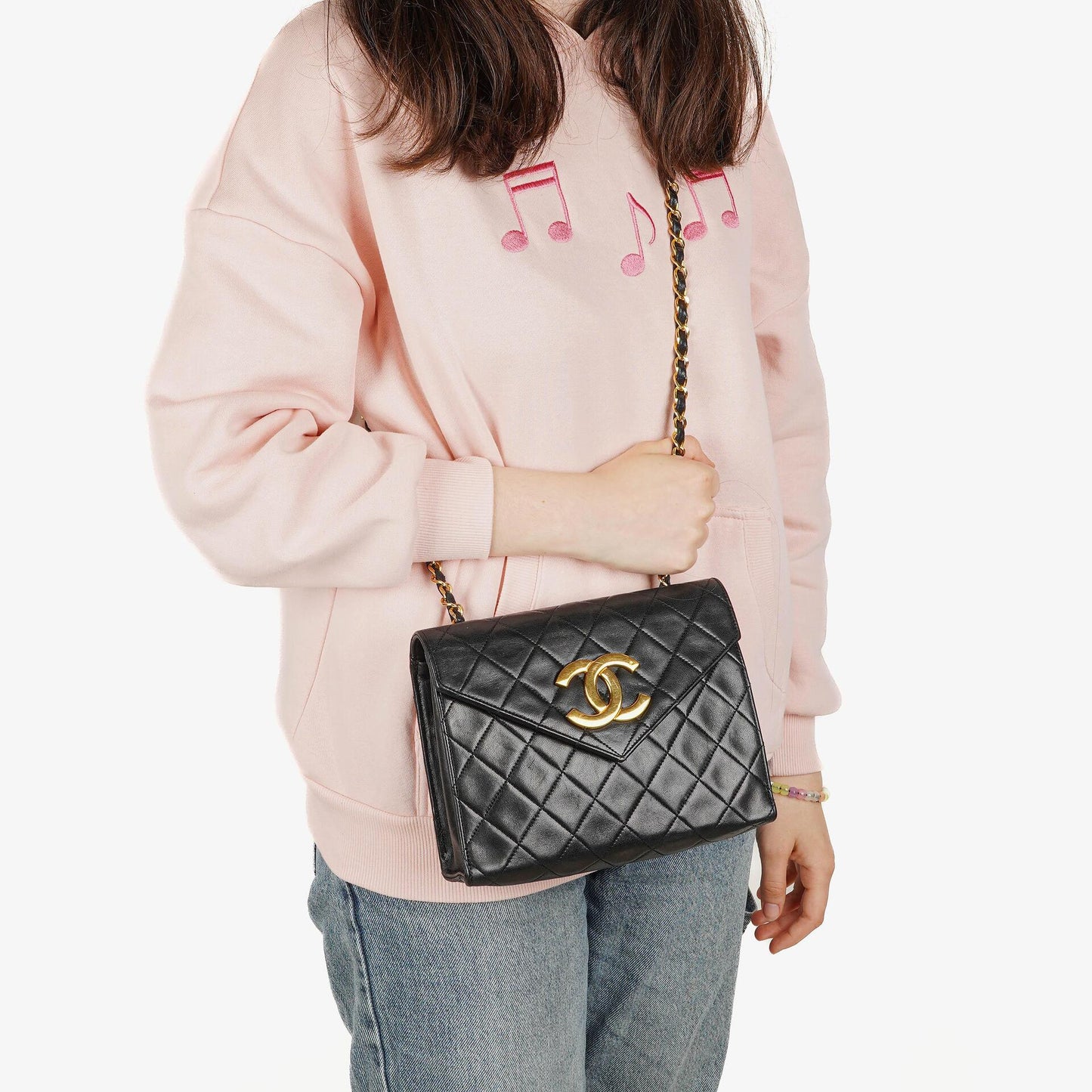 Chanel Small Envelope Maxi CC Logo Flap Bag Black Quilted Lambskin With 24K Gold-Plated Hardware