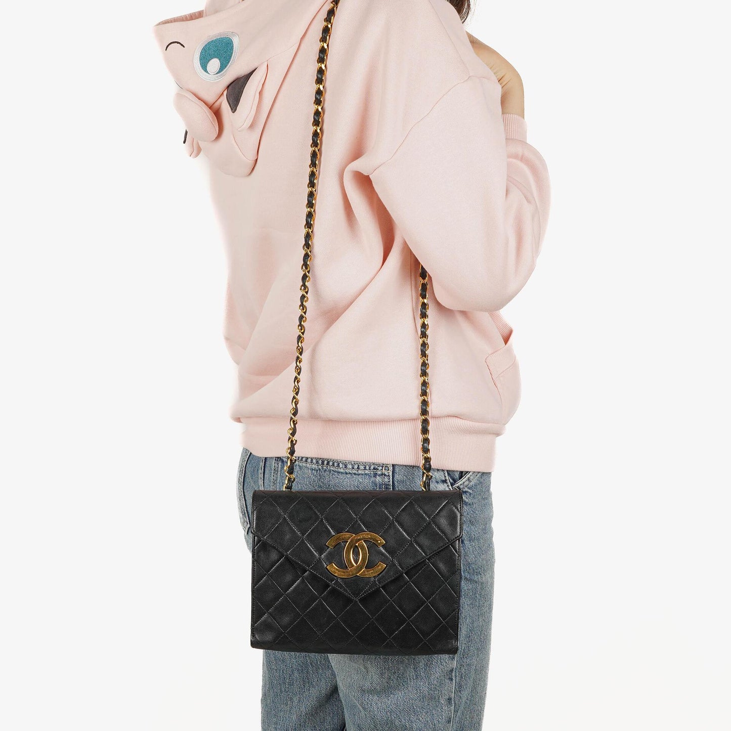Chanel Small Envelope Maxi CC Logo Flap Bag Black Quilted Lambskin With 24K Gold-Plated Hardware
