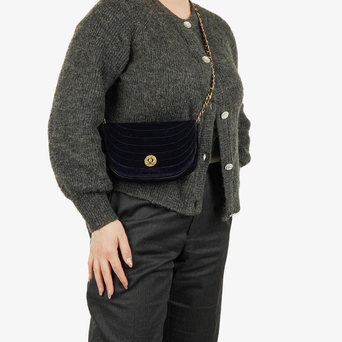 Chanel Small Half-Moon Navy Velvet Flap Bag