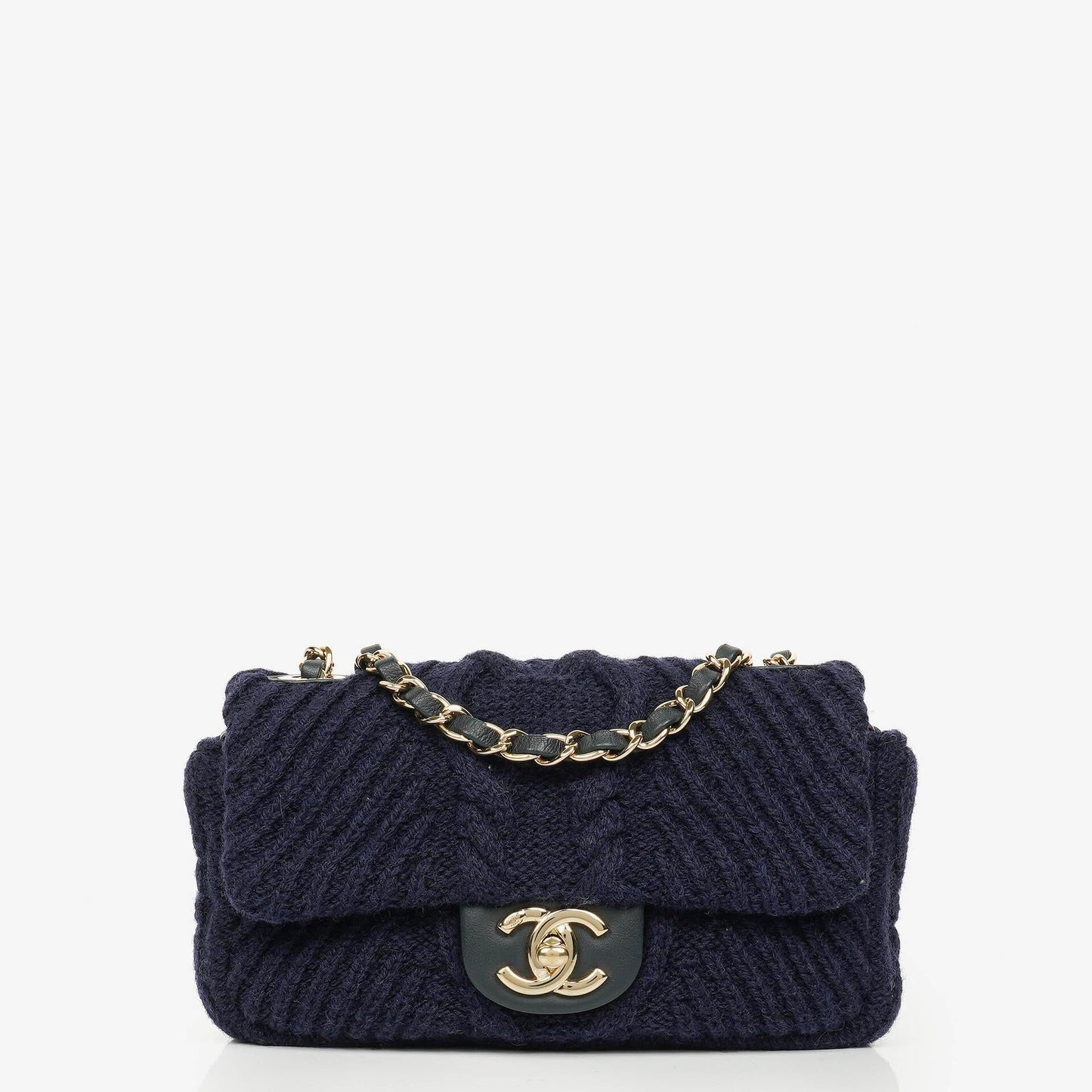 Chanel Small Navy Paris-Hamburg Cable Knit Fabric With Calfskin Flap Bag