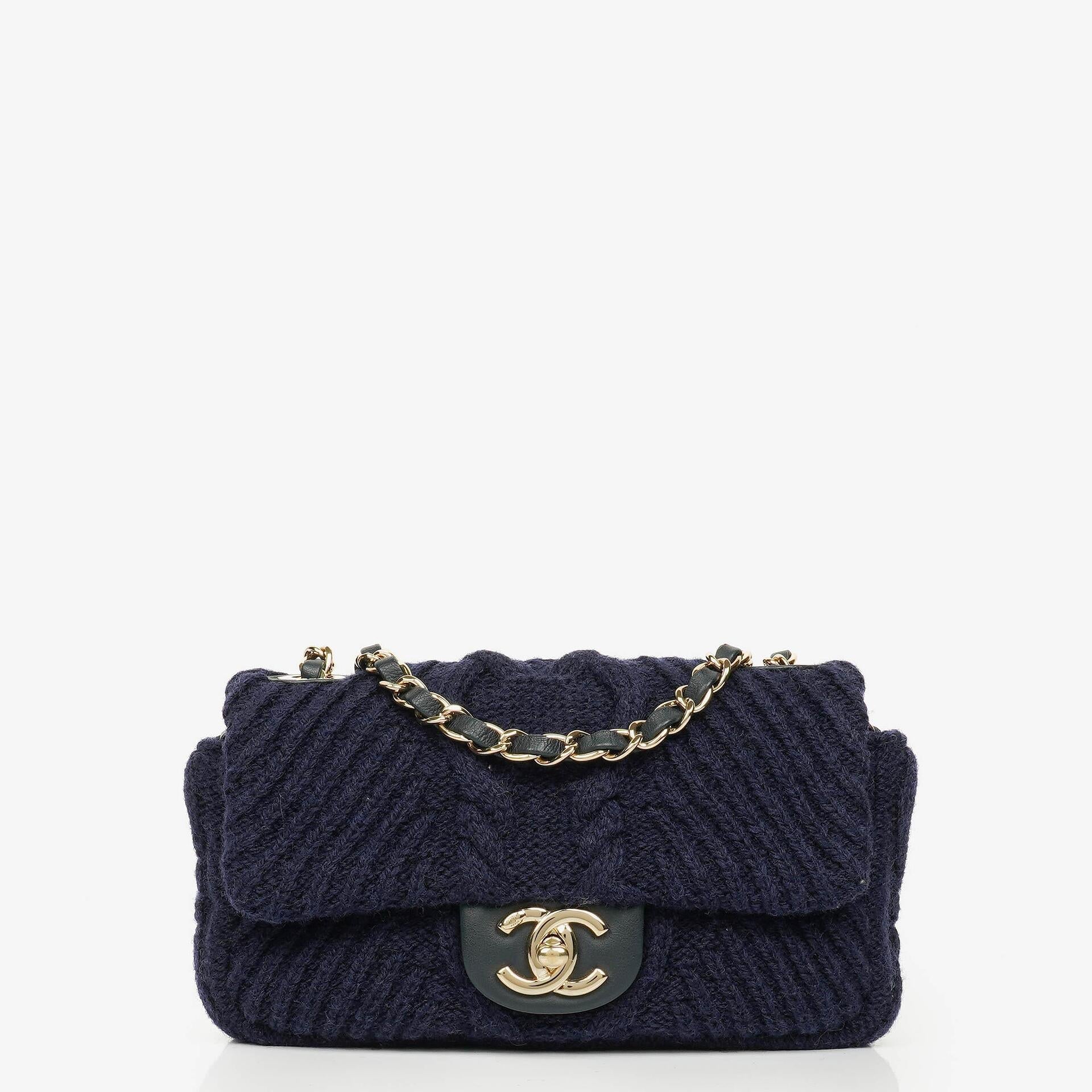 Chanel Small Navy Paris-Hamburg Cable Knit Fabric With Calfskin Flap Bag