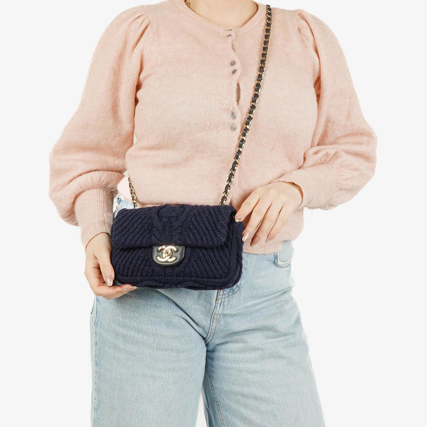 Chanel Small Navy Paris-Hamburg Cable Knit Fabric With Calfskin Flap Bag