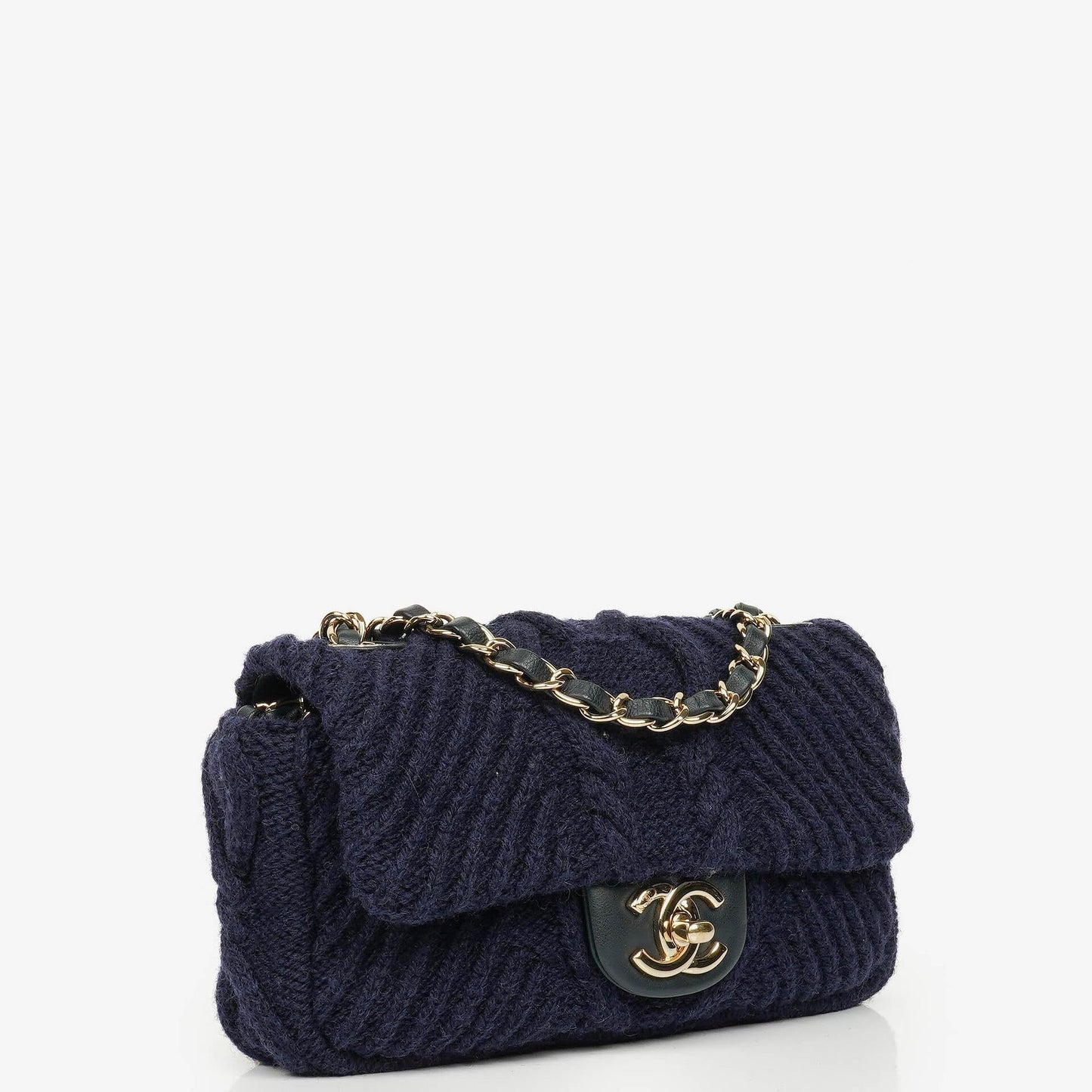 Chanel Small Navy Paris-Hamburg Cable Knit Fabric With Calfskin Flap Bag