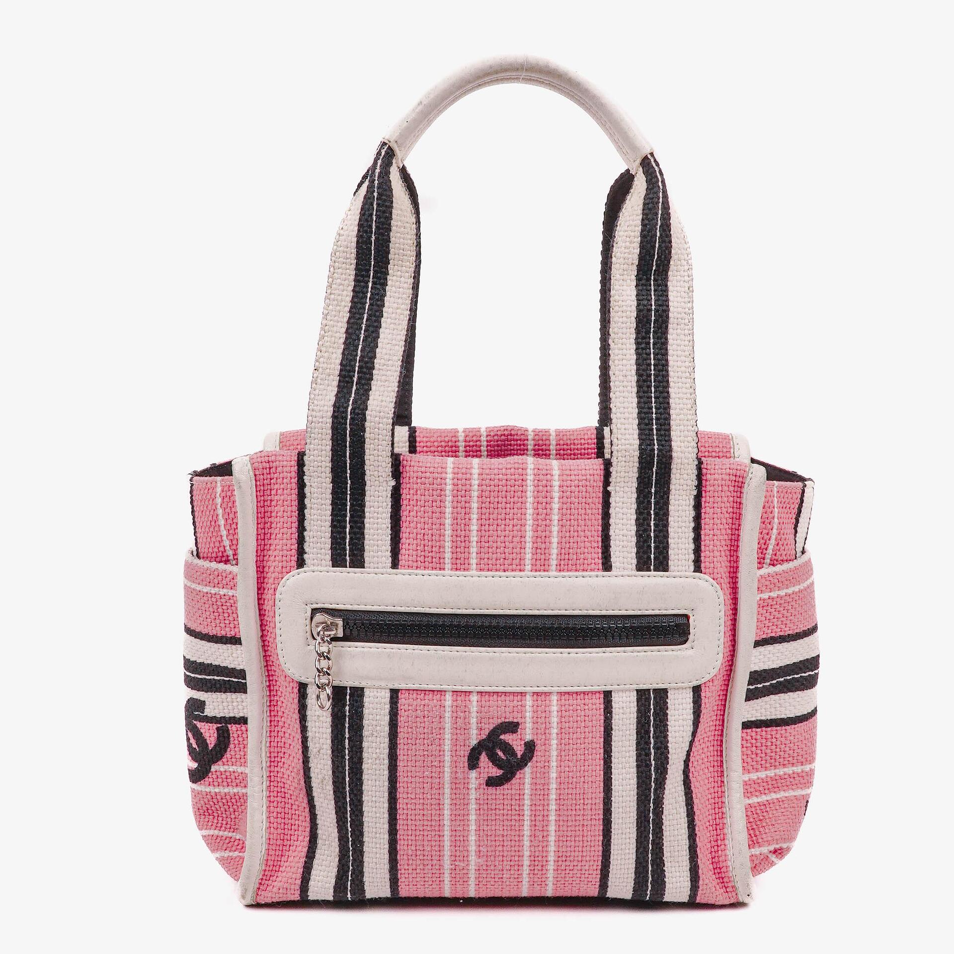 Chanel Small Striped CC Canvas Pink White Black Tote Bag