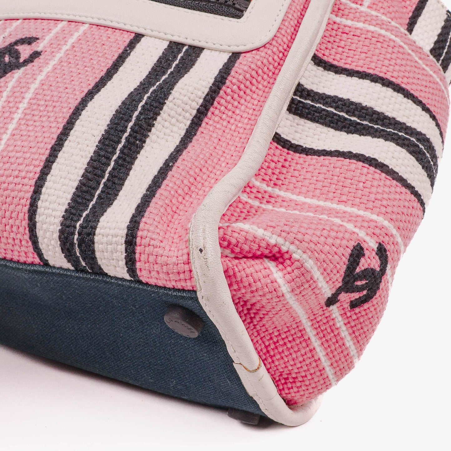 Chanel Small Striped CC Canvas Pink White Black Tote Bag