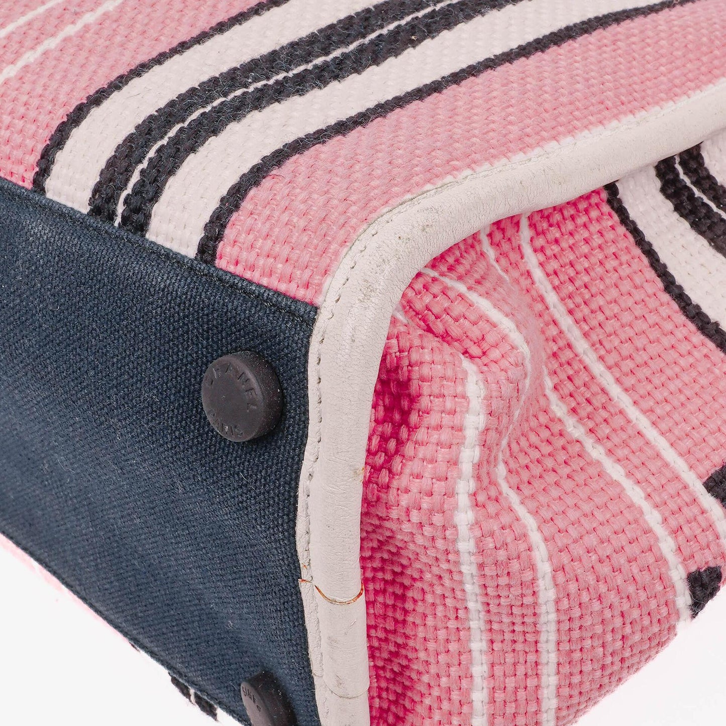 Chanel Small Striped CC Canvas Pink White Black Tote Bag