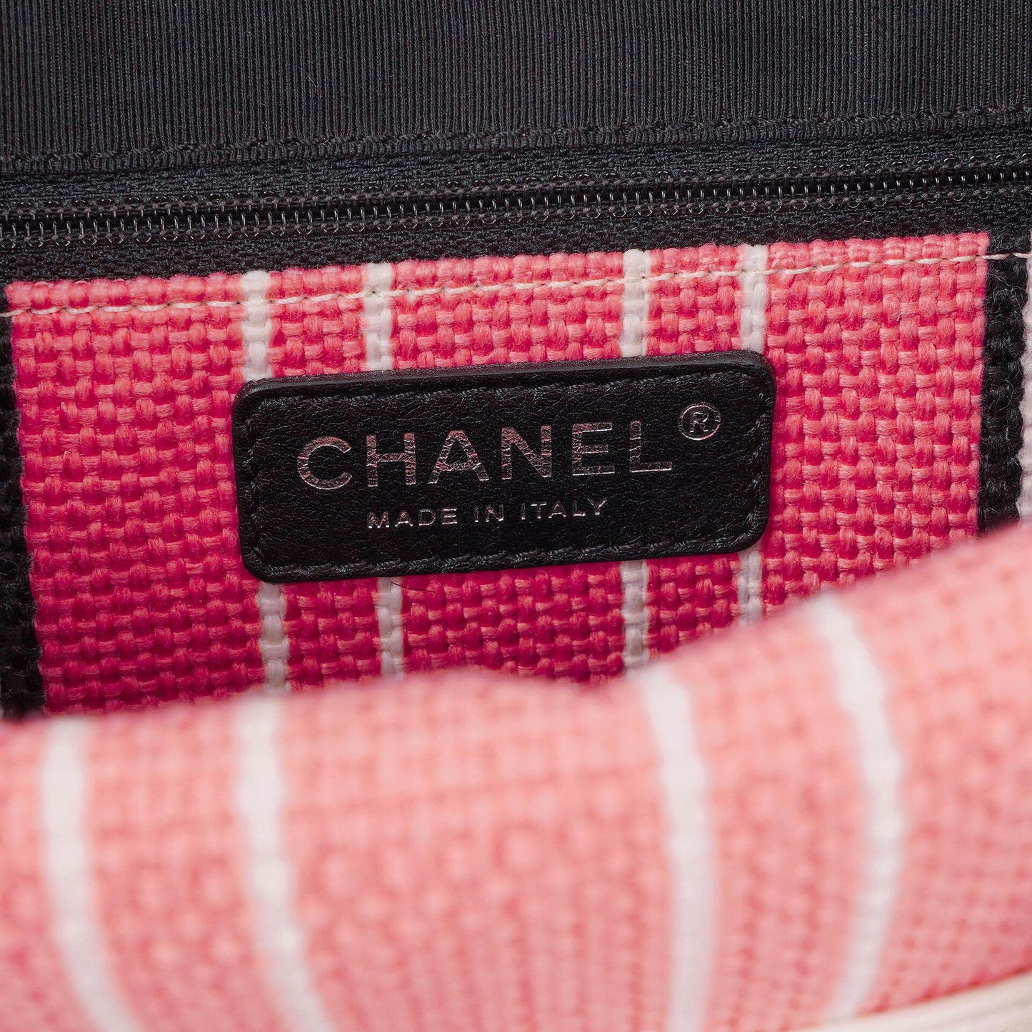 Chanel Small Striped CC Canvas Pink White Black Tote Bag