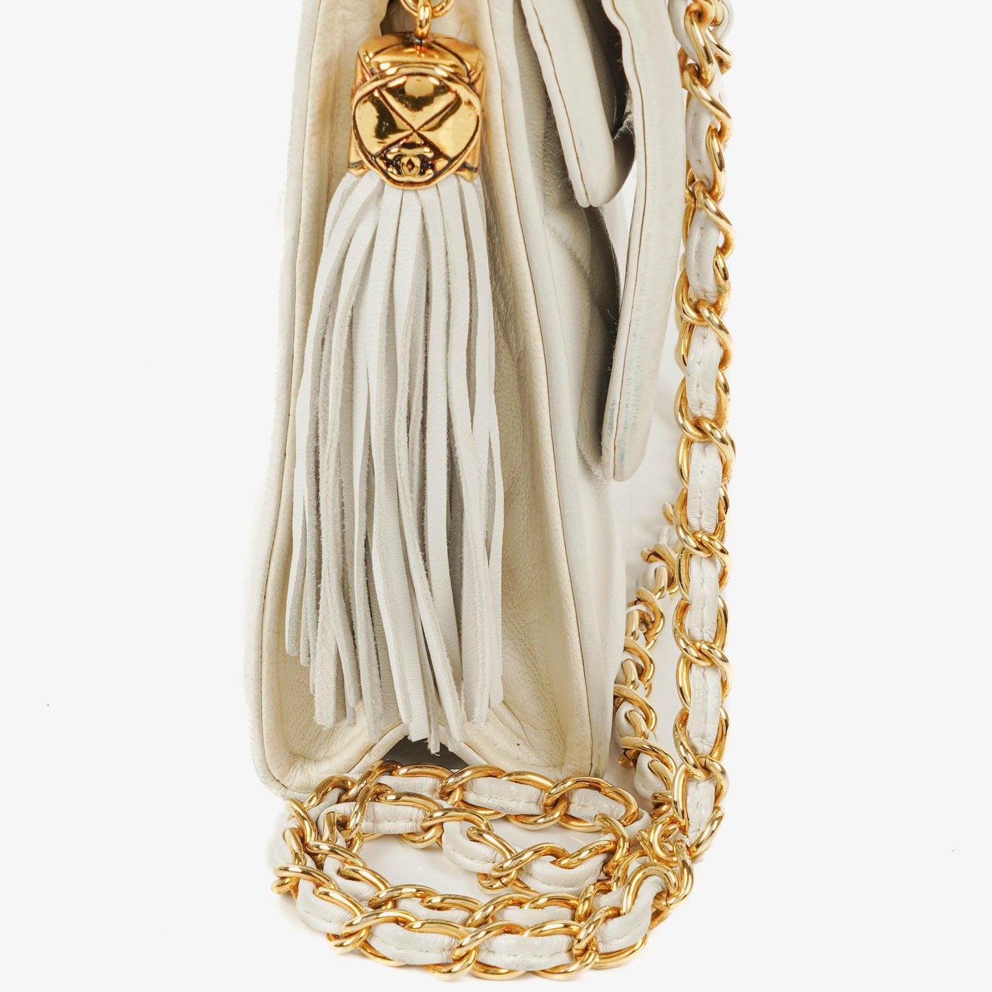 Chanel Small Tassel Flap Bag White Quilted Lambskin Bag