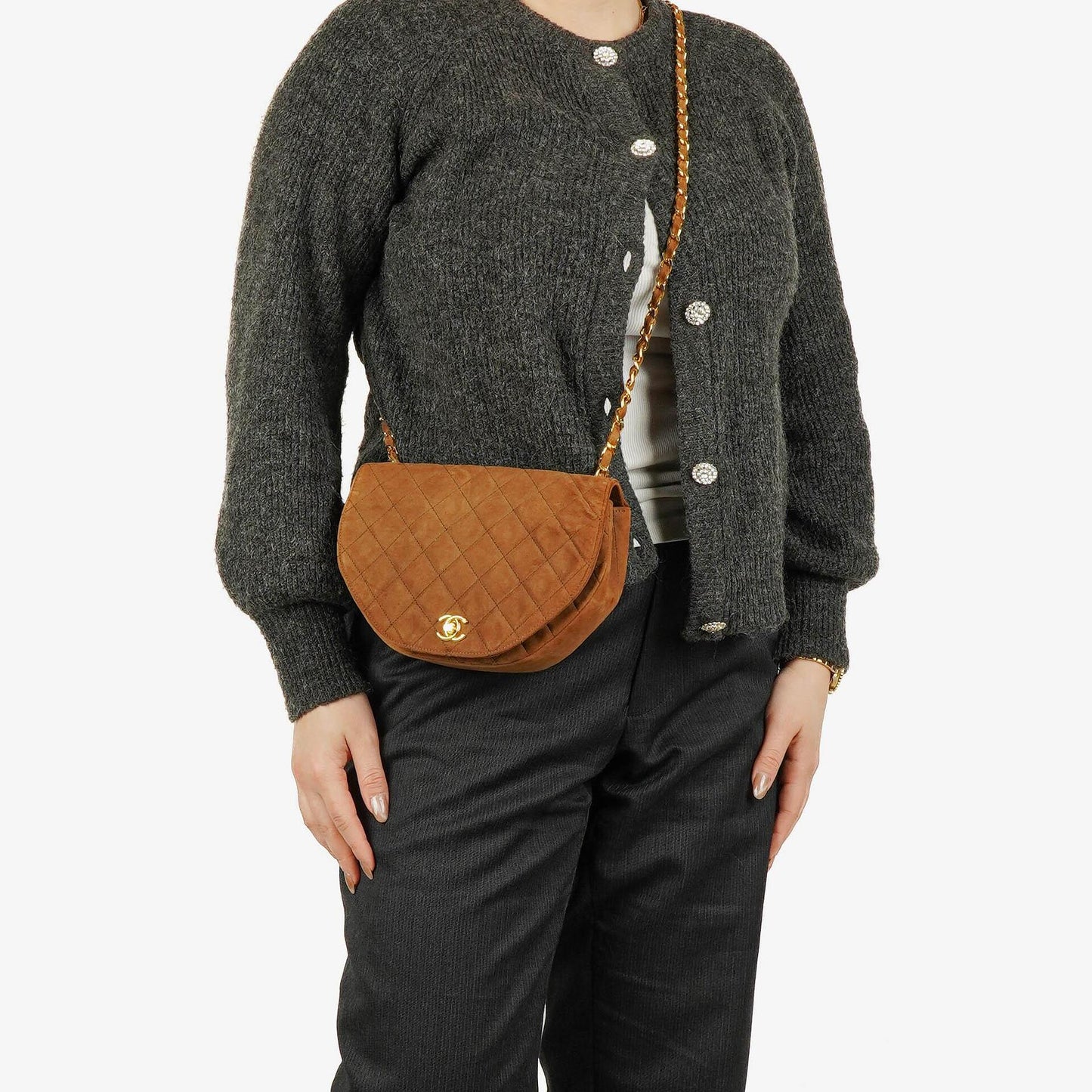 Chanel Suede Quilted Half Moon Full Flap Bag