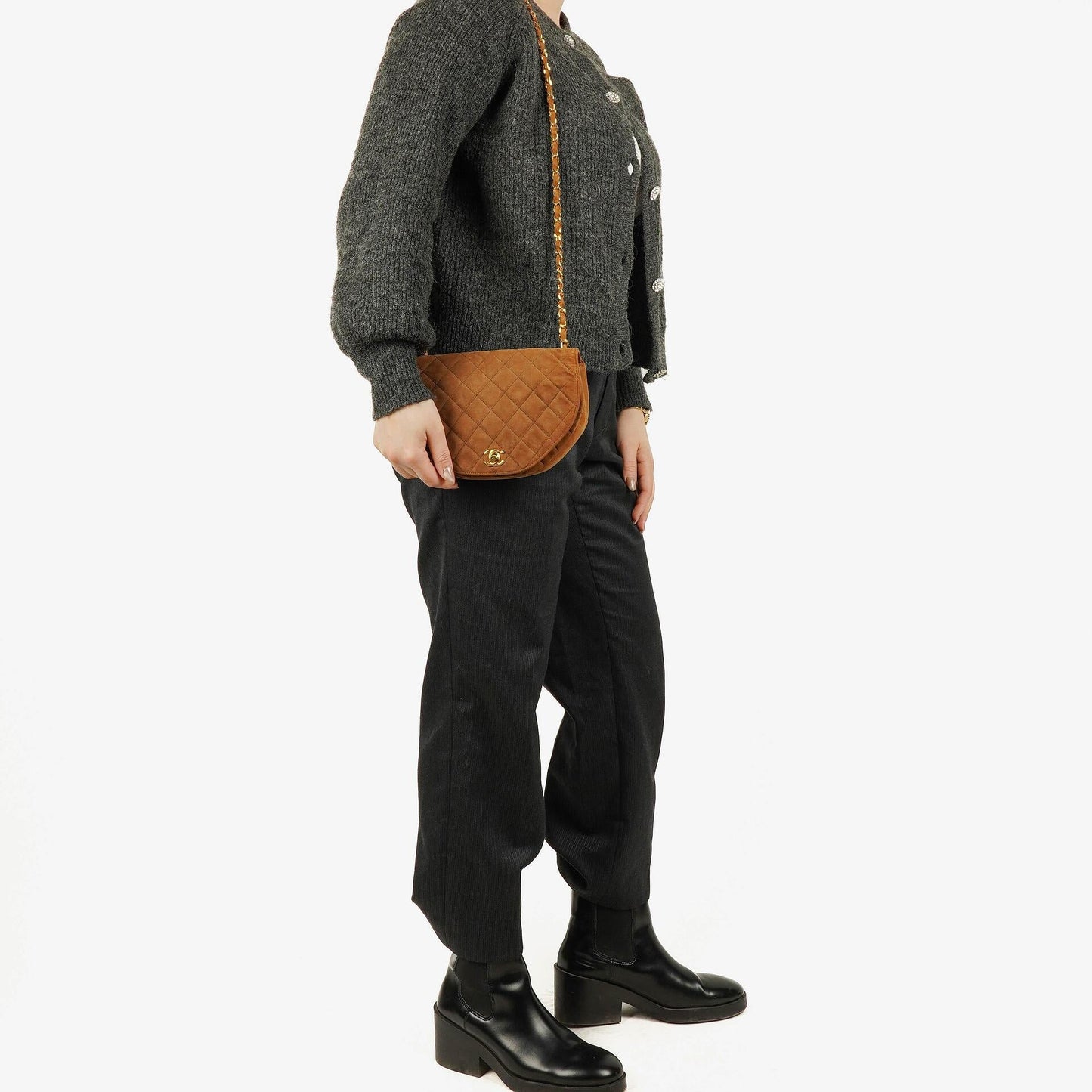Chanel Suede Quilted Half Moon Full Flap Bag