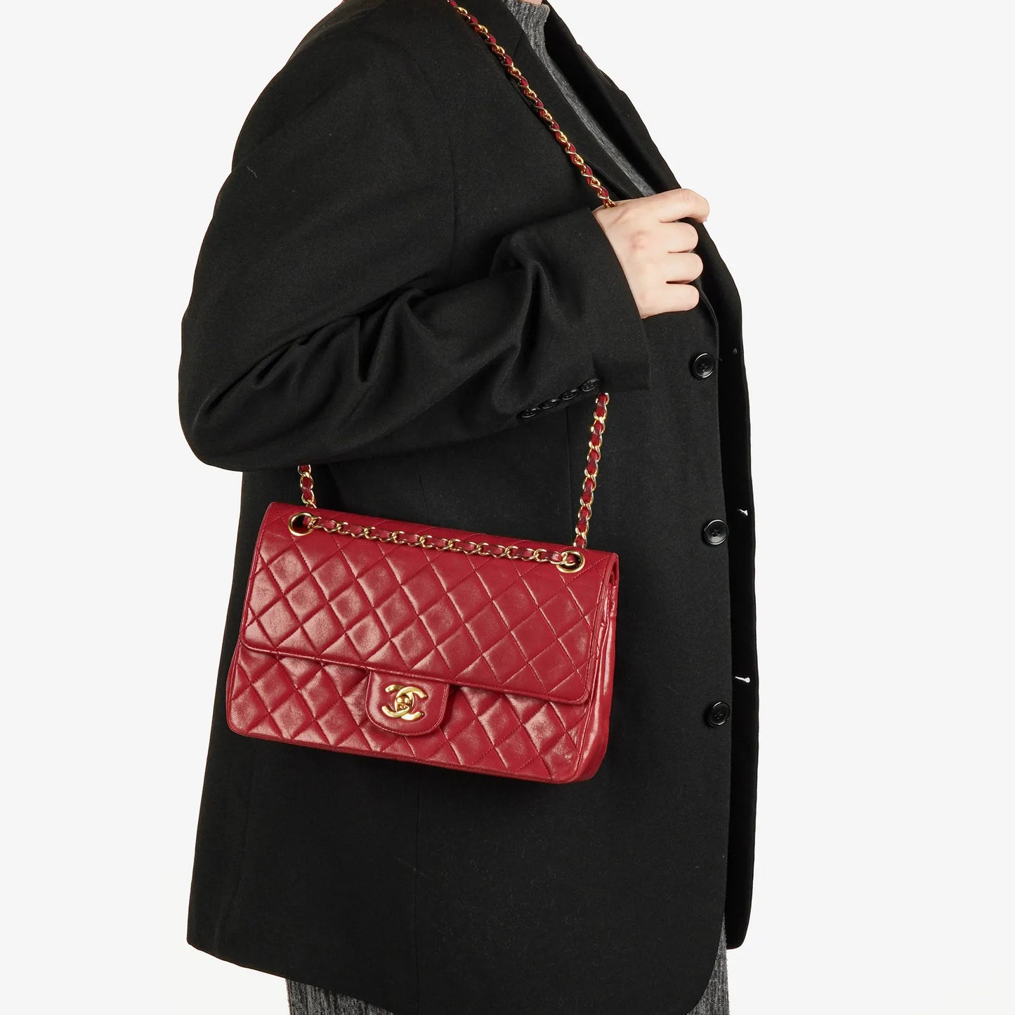 Chanel Timeless Classic Double Flap Bag Red Quilted Lambskin 24K Gold-Plated Hardware