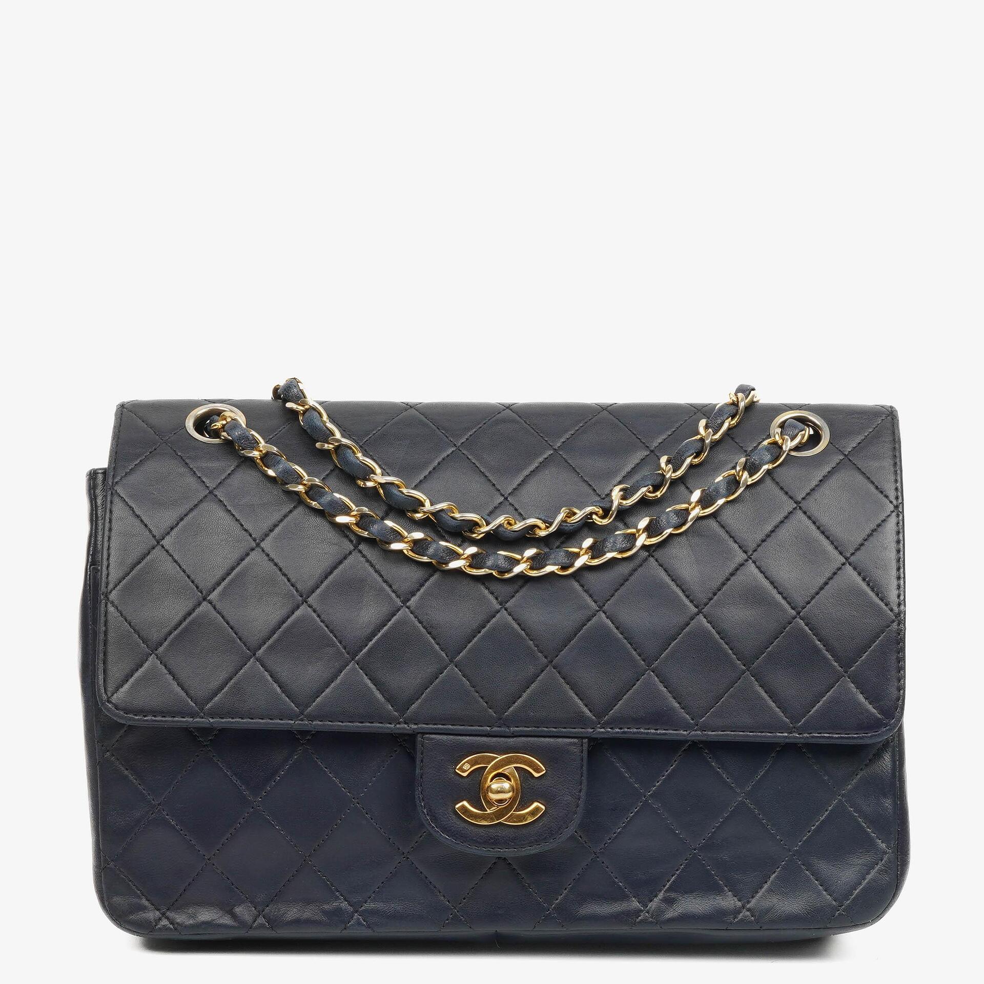 Chanel Timeless Classic Double Flap Navy Quilted Lambskin 24k Gold Plated Hardware