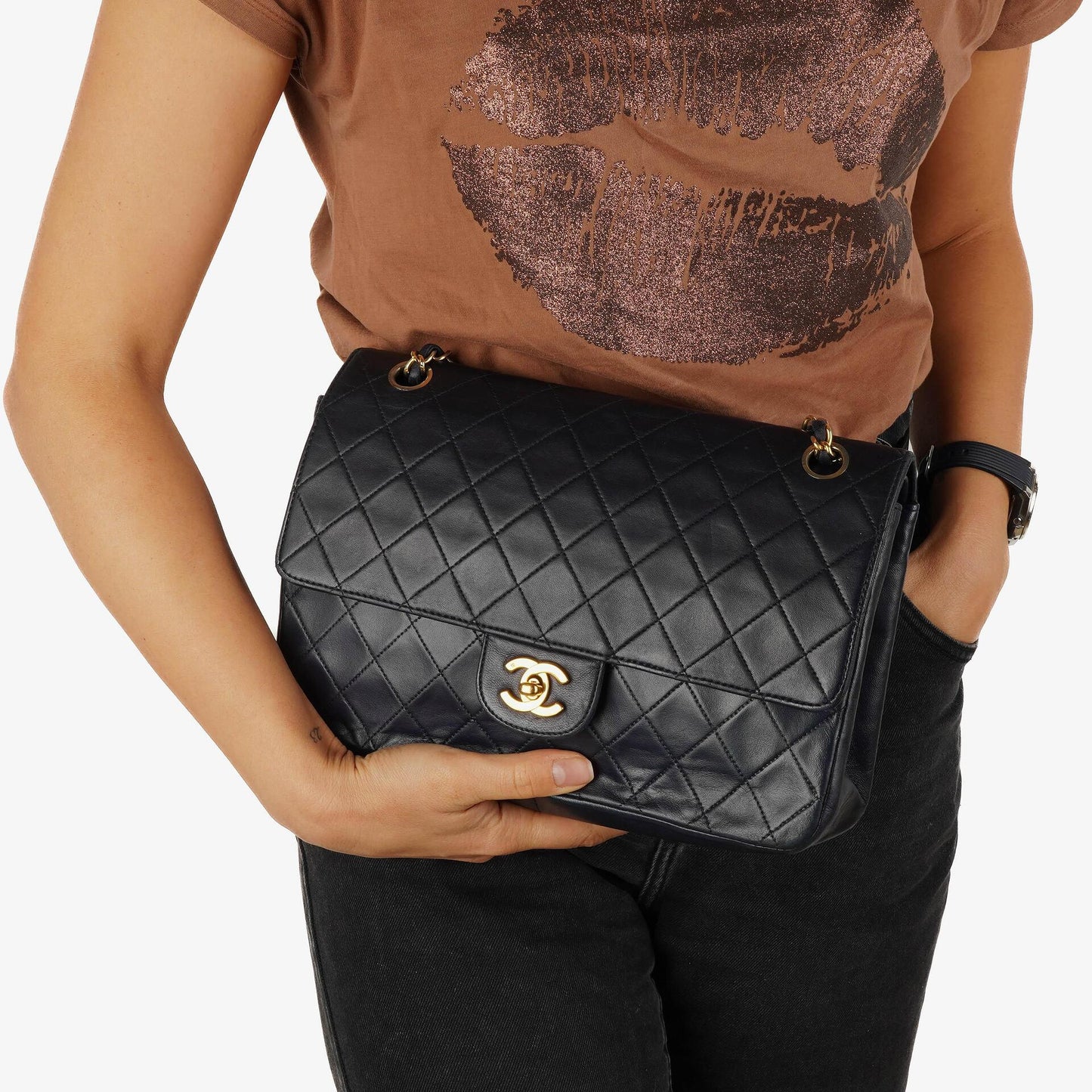 Chanel Timeless Classic Double Flap Navy Quilted Lambskin 24k Gold Plated Hardware