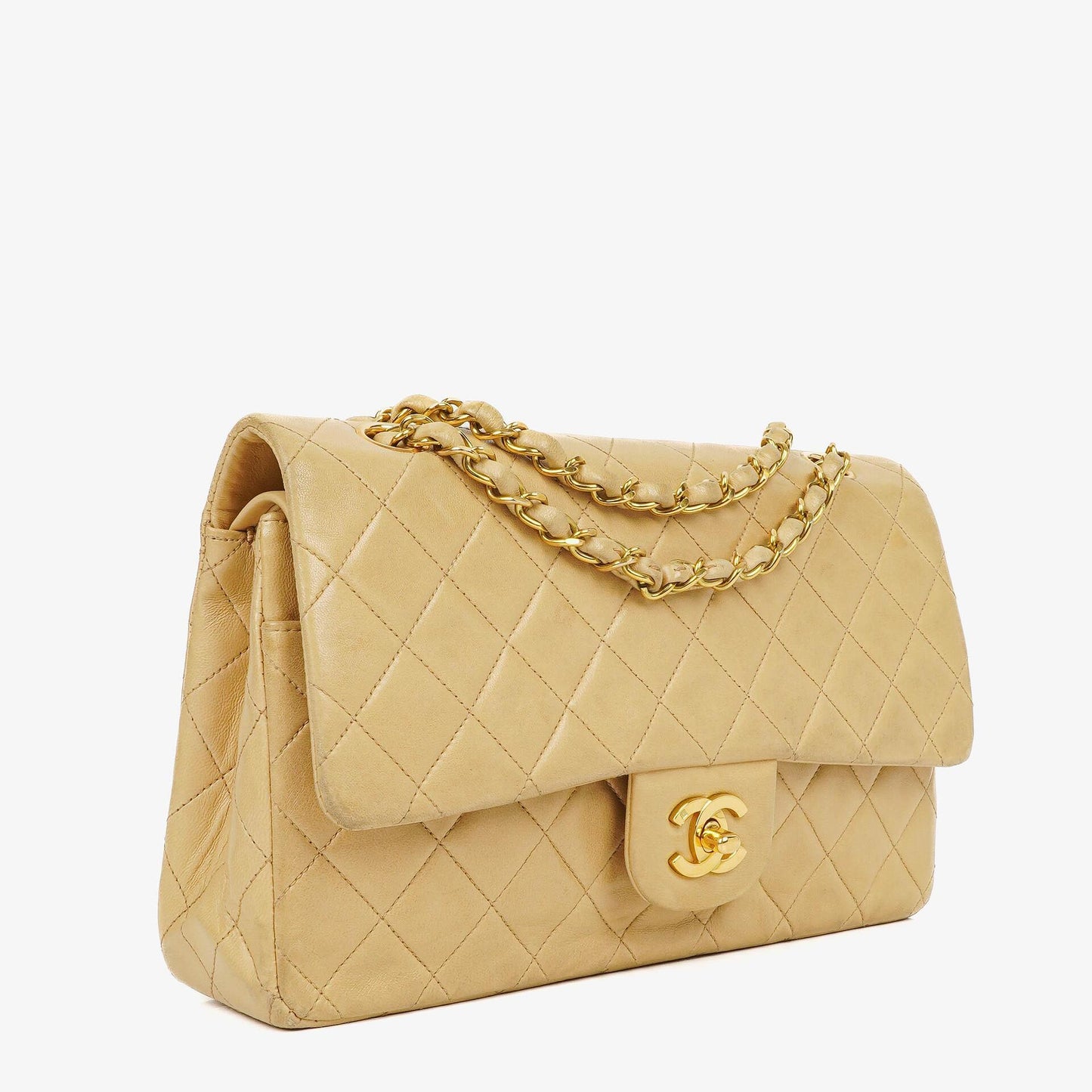 Chanel Timeless Classic Medium Double Flap Bag In Beige Quilted Lambskin And 24K Gold-Plated Hardware