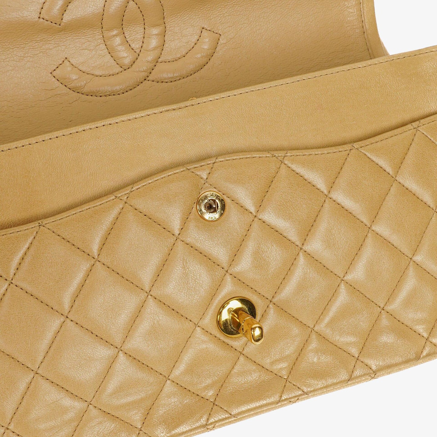 Chanel Timeless Classic Medium Double Flap Bag In Beige Quilted Lambskin And 24K Gold-Plated Hardware