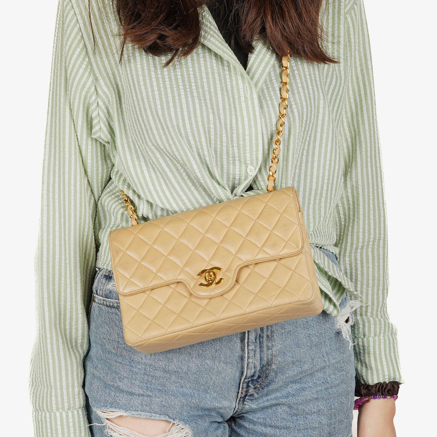 Chanel Timeless Classic Small Double Flap Bag In Beige Quilted Lambskin And 24K Gold-Plated Hardware