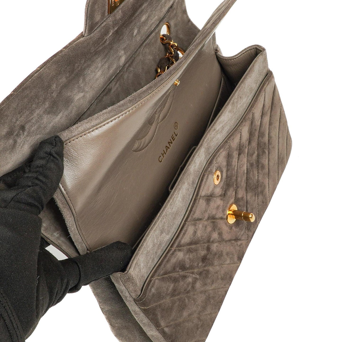 Chanel Timeless Classic Suede Chevron Medium Double Flap Bag With 24K Gold-Plated Hardware