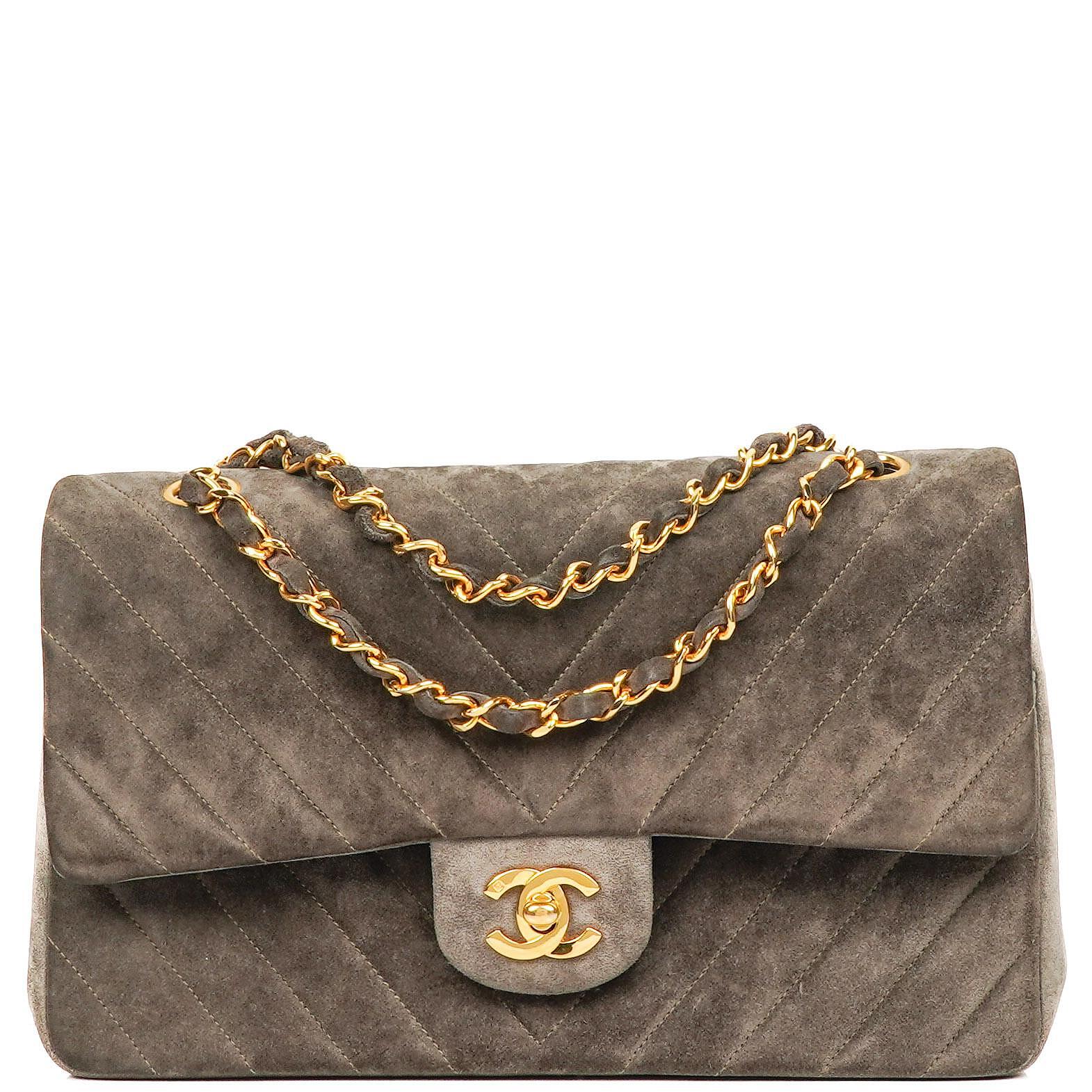 Chanel Timeless Classic Suede Chevron Medium Double Flap Bag With 24K Gold-Plated Hardware