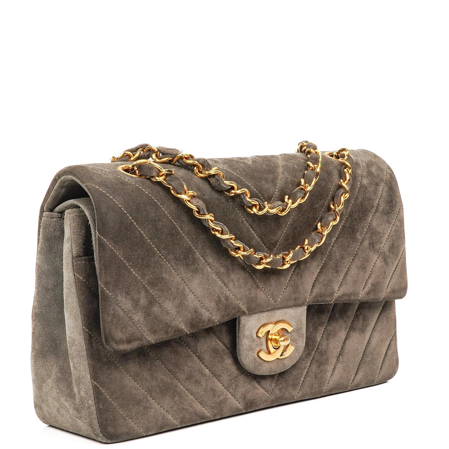 Chanel Timeless Classic Suede Chevron Medium Double Flap Bag With 24K Gold-Plated Hardware