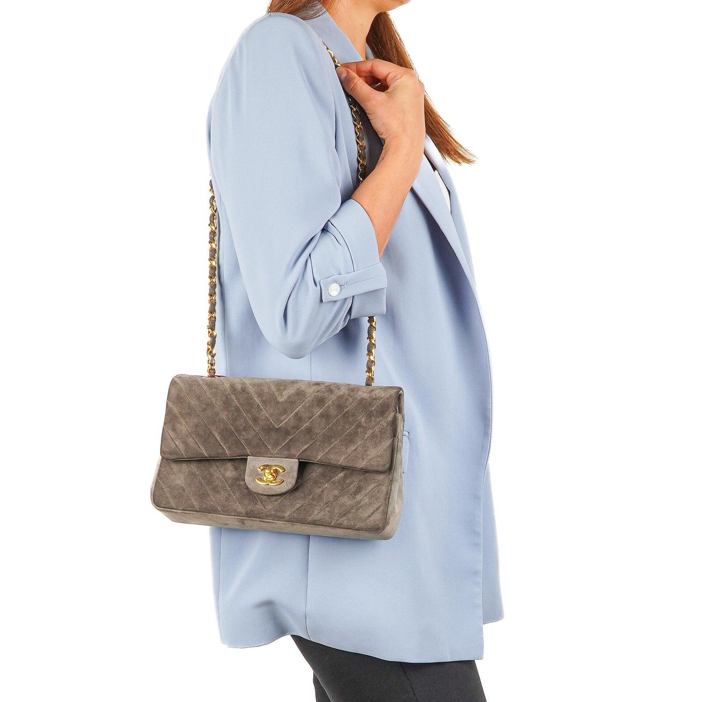 Chanel Timeless Classic Suede Chevron Medium Double Flap Bag With 24K Gold-Plated Hardware