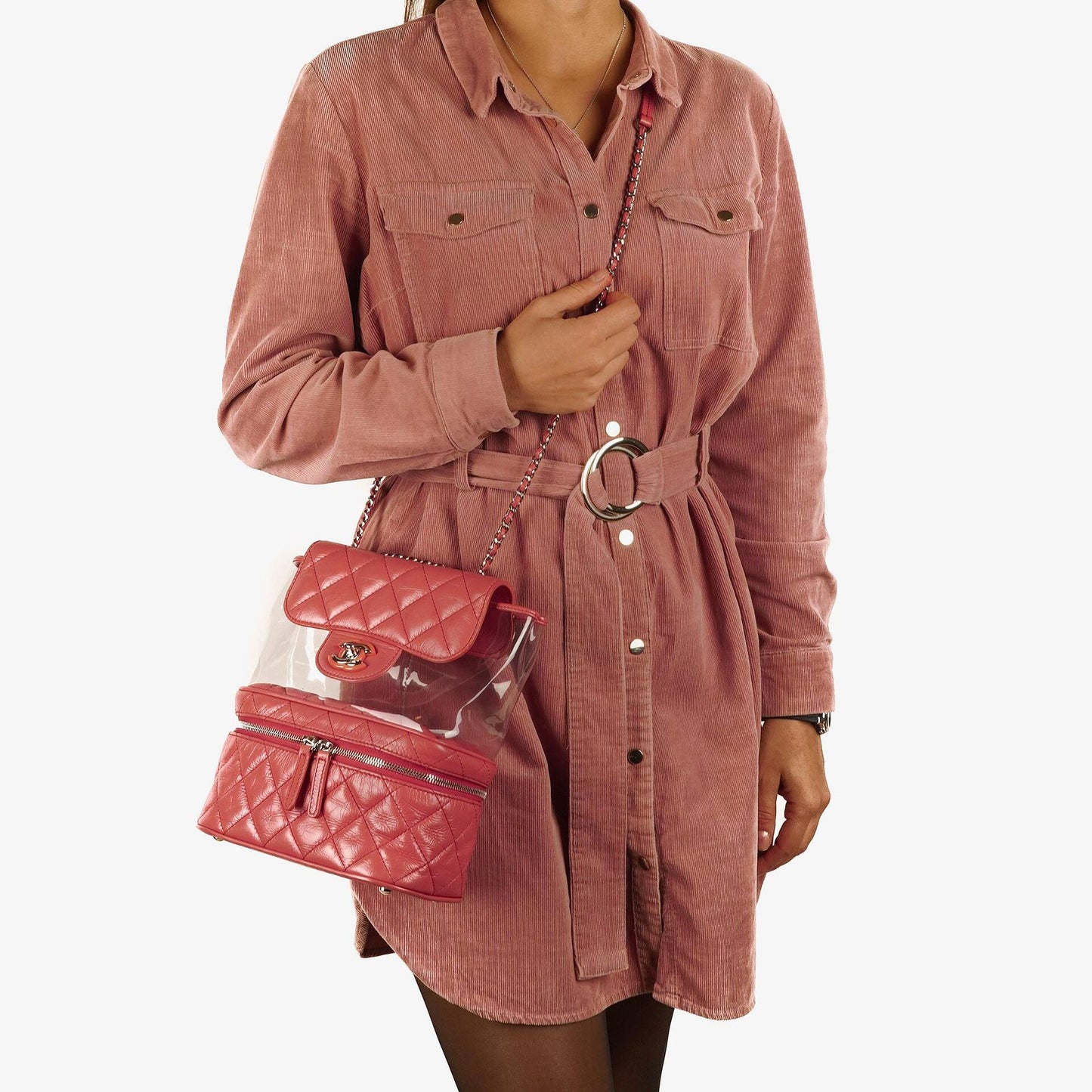 Chanel Vanity Shoulder bag In Crinkled Pink Quilted Calfskin And Clear PVC, 2017-2018