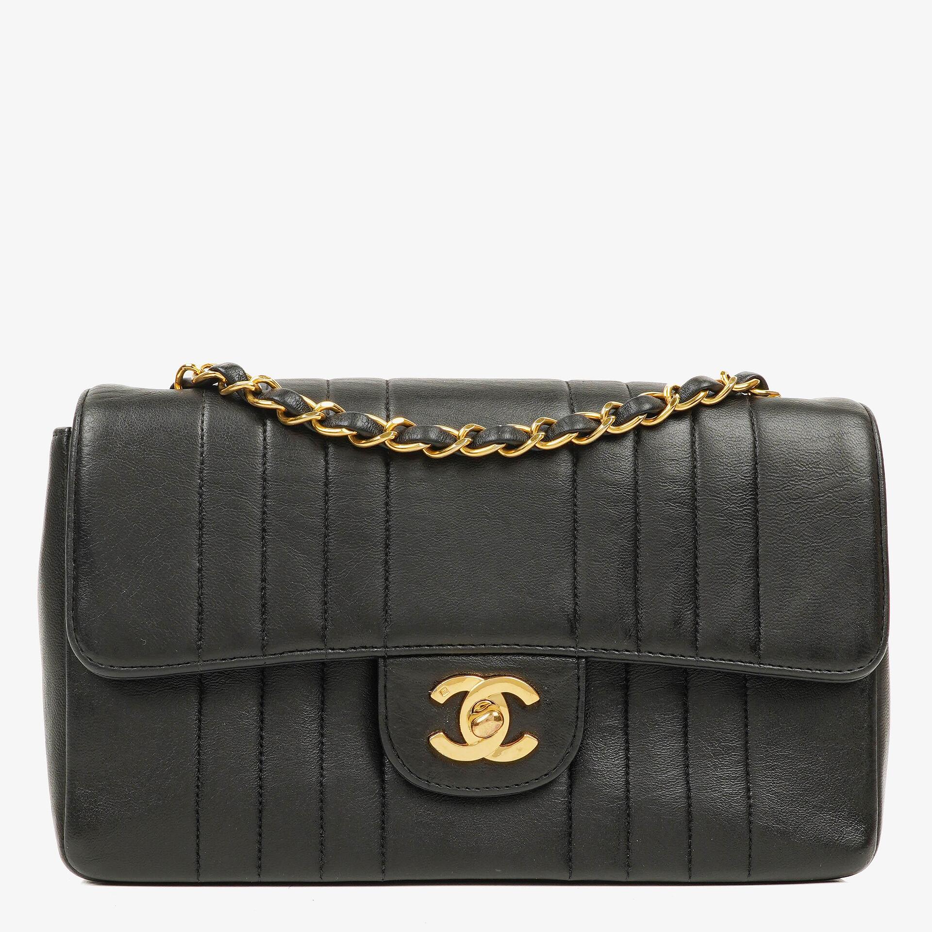 Chanel Vertical Black Quilted Lamabskin Medium Flap Bag 24K Gold-Plated Hardware