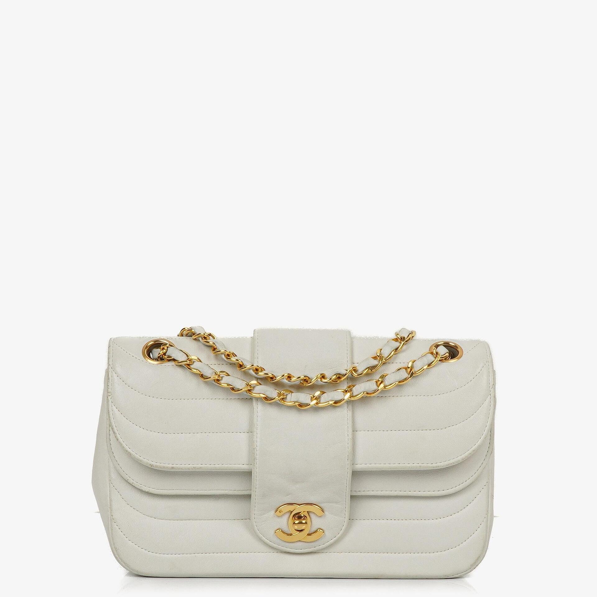 Chanel White Horizontal Quilted Small Double Flap Bag With 24K Gold-Plated Hardware
