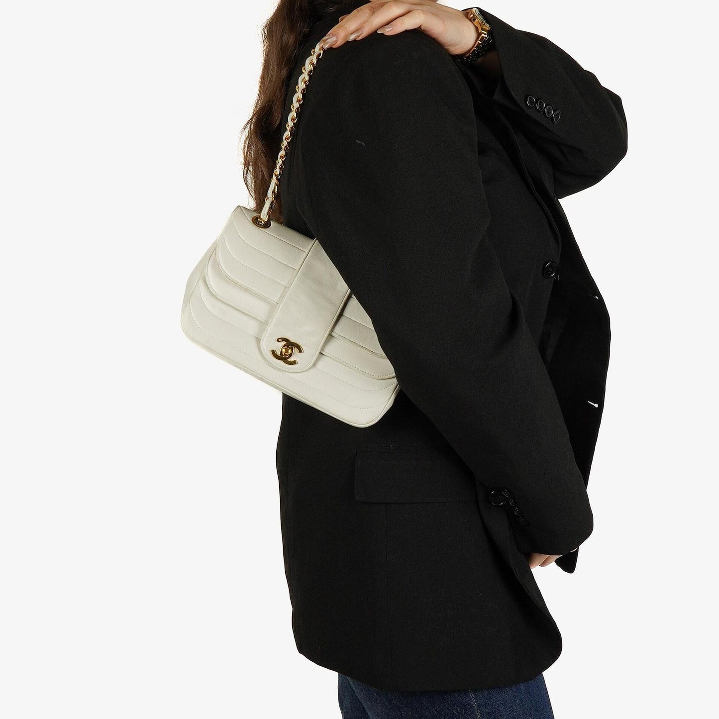 Chanel White Horizontal Quilted Small Double Flap Bag With 24K Gold-Plated Hardware