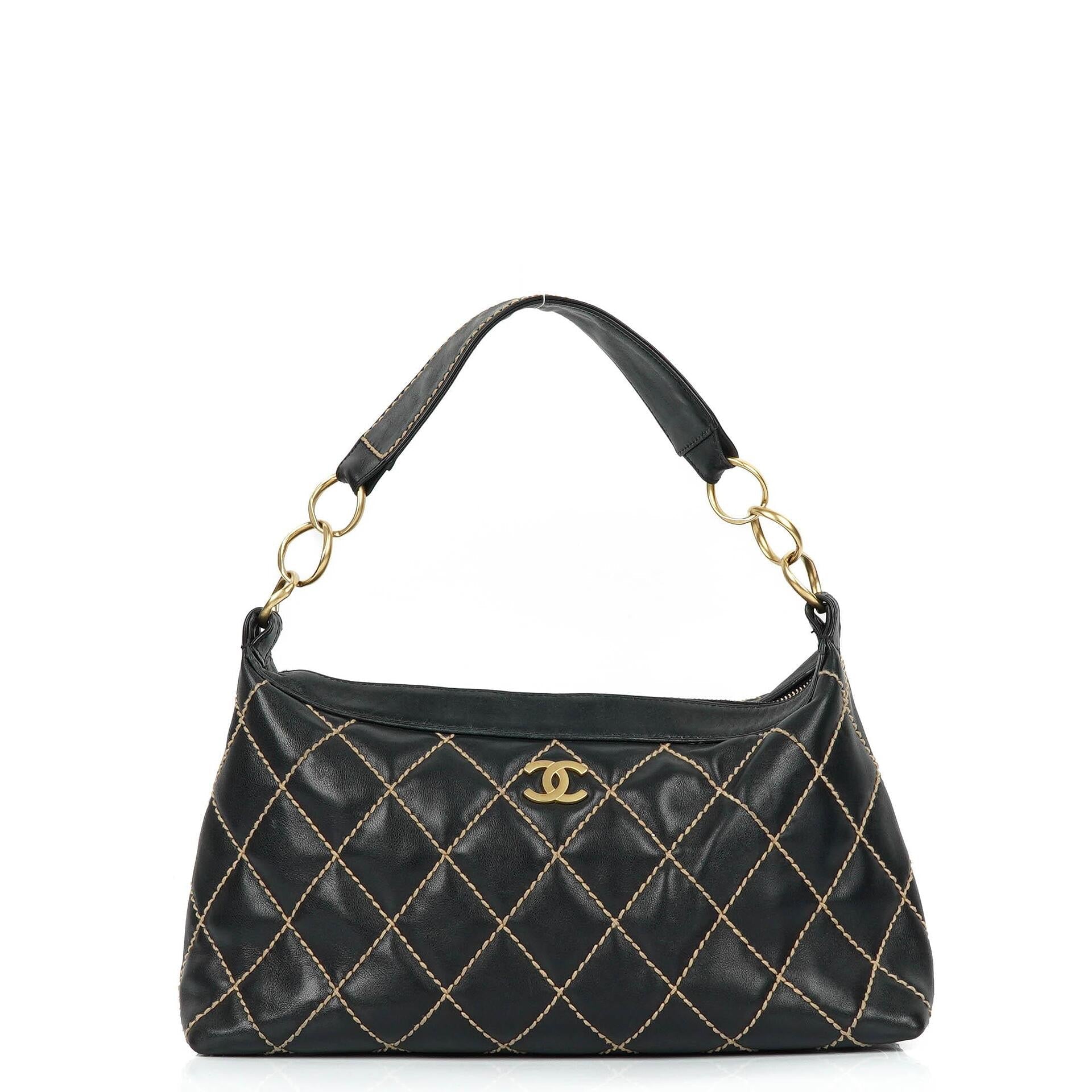 Chanel Wild Stitch Black Quilted Leather CC Shoulder Bag With Gold-Tone Hardware