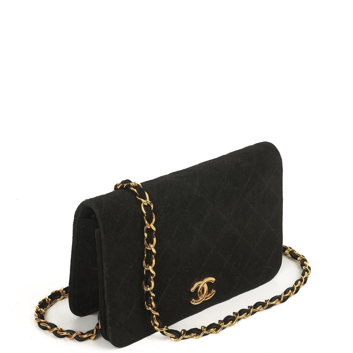 Chanel WOC Mini Classic Full Flap Black Quilted Suede With 24K Gold-Plated Hardware