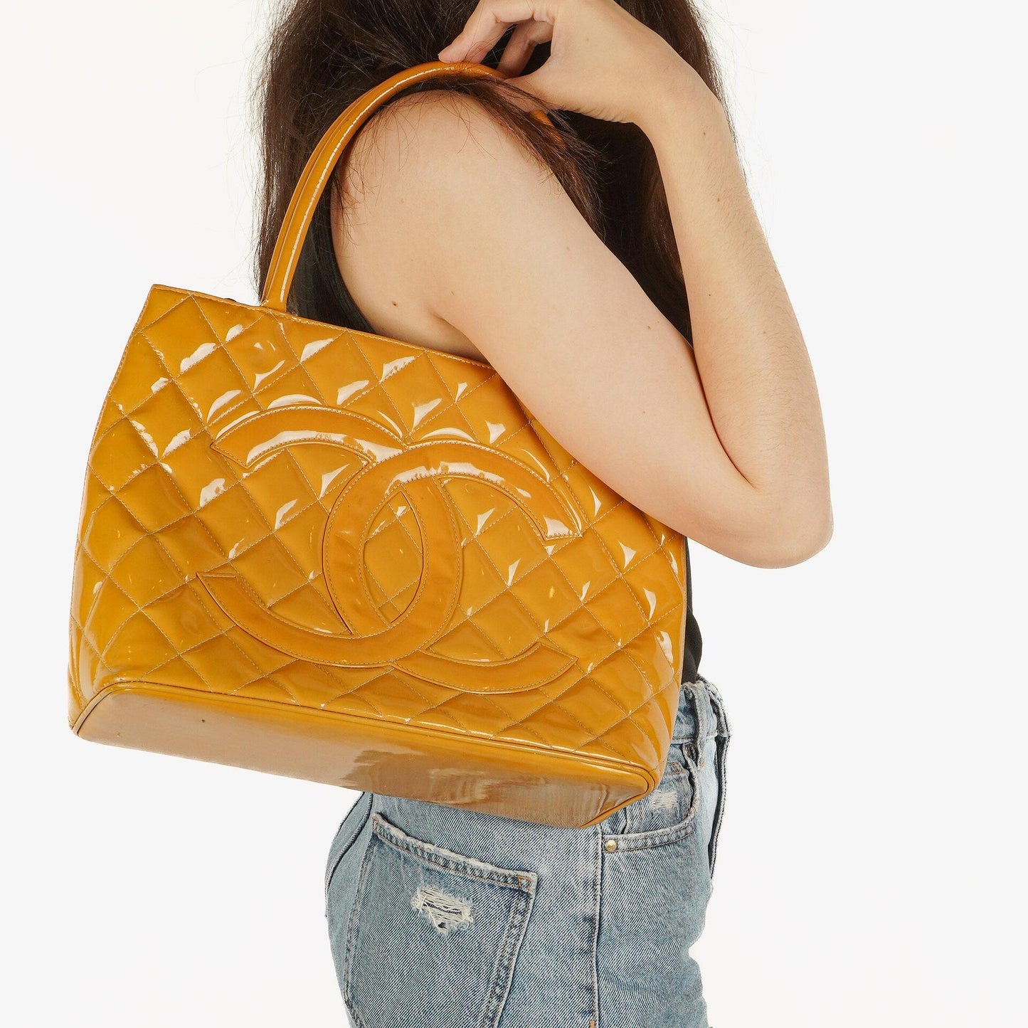 Chanel Yellow Patent Leather Medallion Tote Bag
