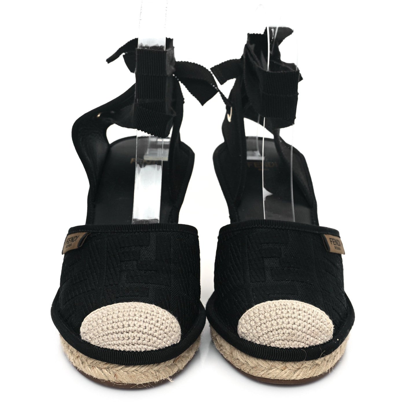 Fendi Canvas FF Embroidered Roma Ankle Wrap Wedge Espadrilles 36 Black