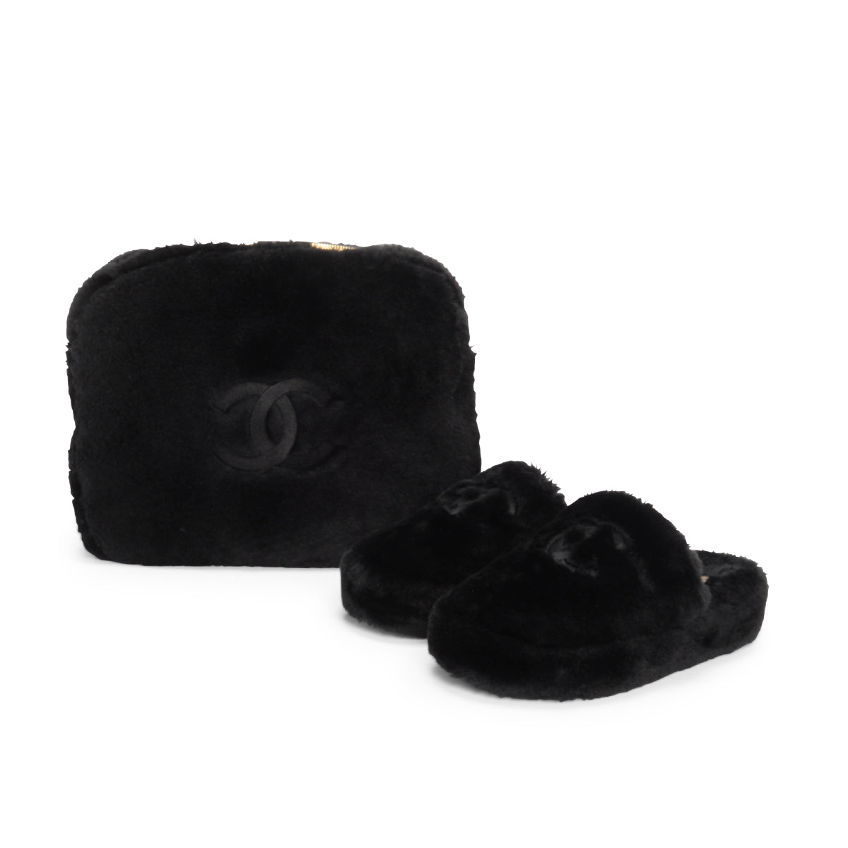 Chanel Black Shearling CC Travel Slippers Clutch Bag - Rovelle Bags