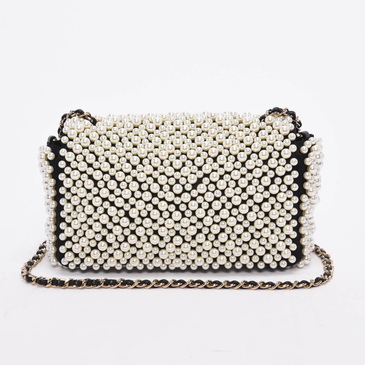 Chanel Black Satin & Lambskin Pearl Flap Bag - Rovelle Bags