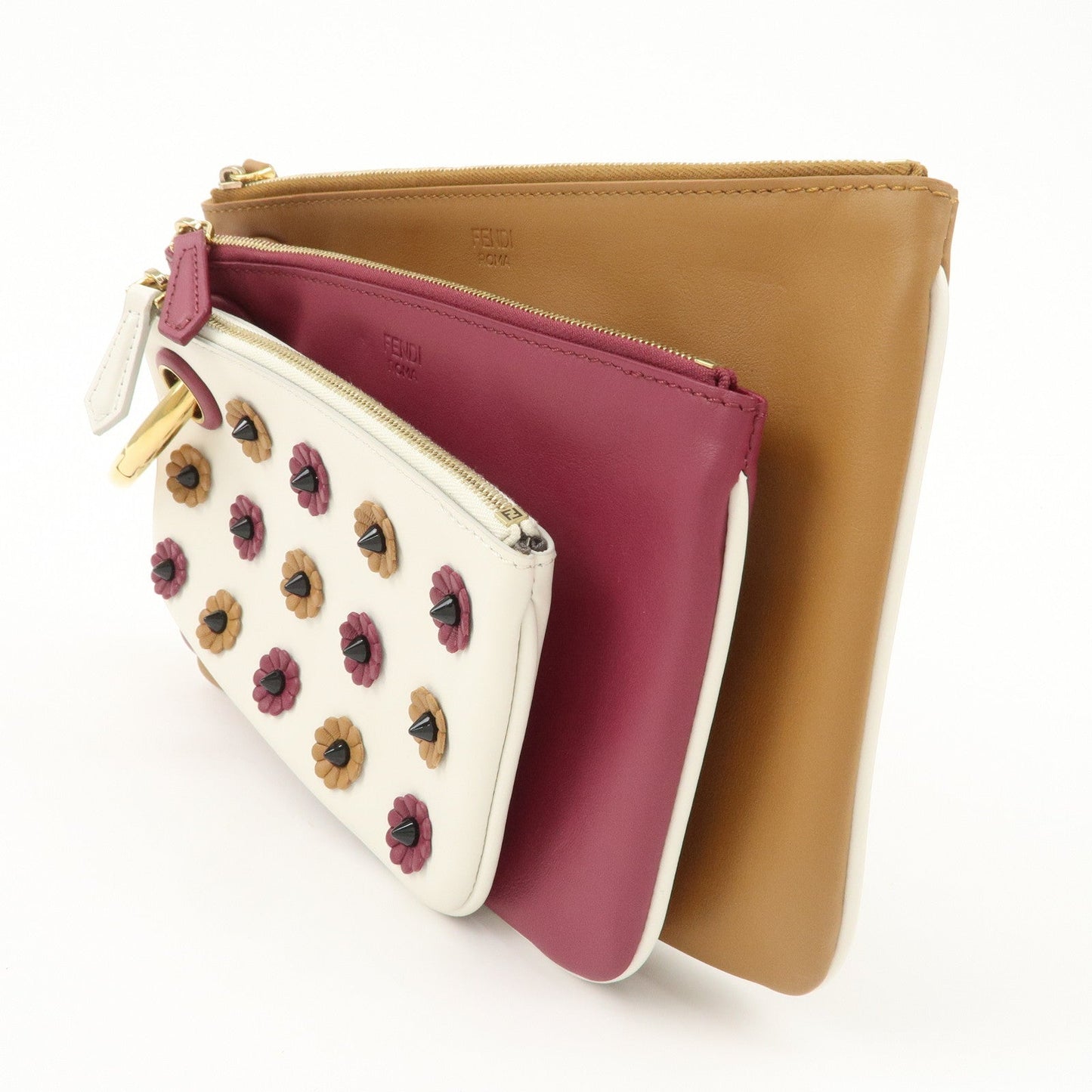 FENDI Leather Flower Studs Triplet Pouch Hand Bag 8BS001